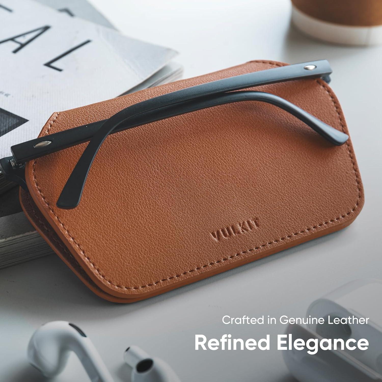 image:imageVULKIT Leather Glasses Case Ultra Slim Sunglasses Case 2 Fixed Modes Fits Most Eyeglasses amp Sun Glasses Minimalist DesignMocha Tan