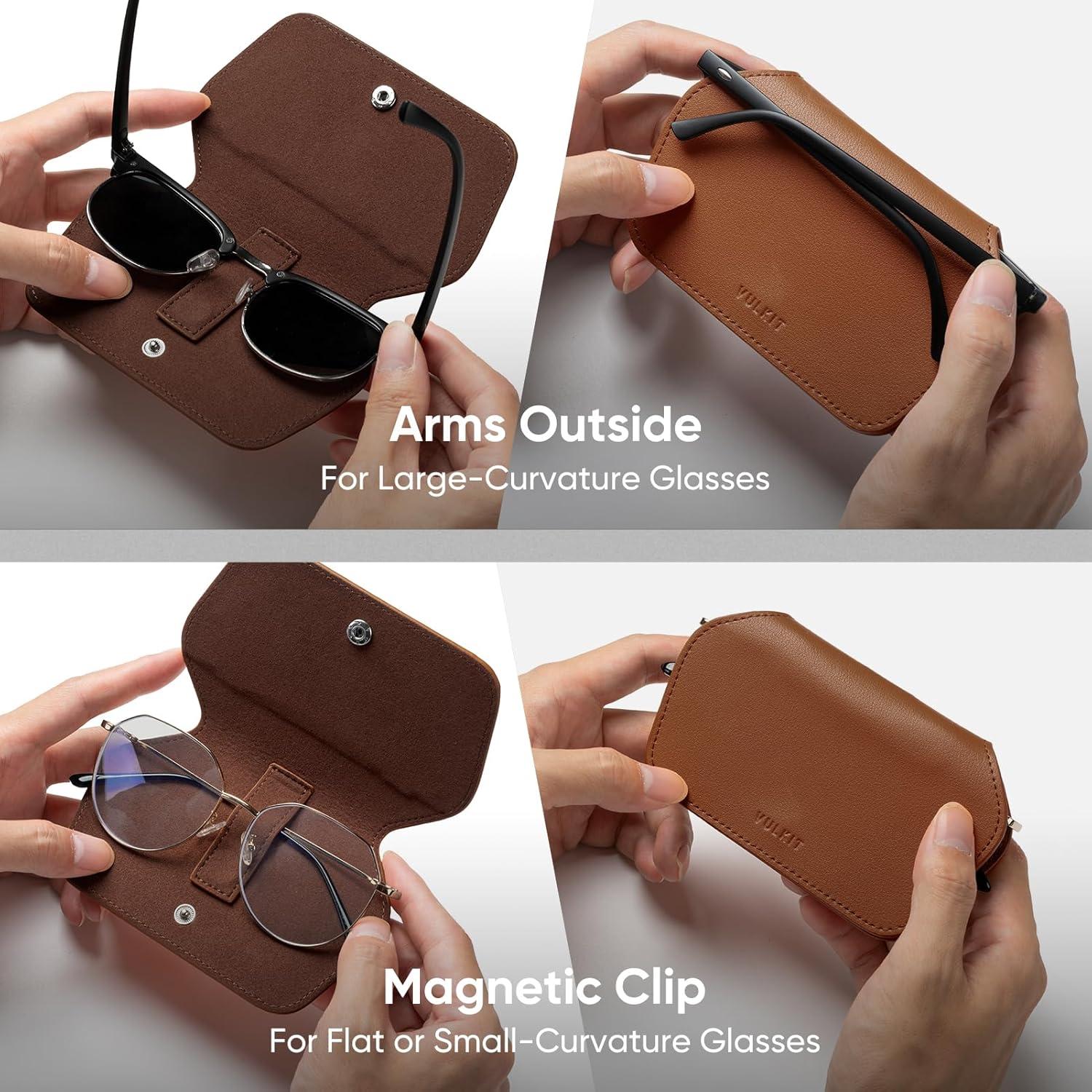 image:imageVULKIT Leather Glasses Case Ultra Slim Sunglasses Case 2 Fixed Modes Fits Most Eyeglasses amp Sun Glasses Minimalist DesignMocha Tan