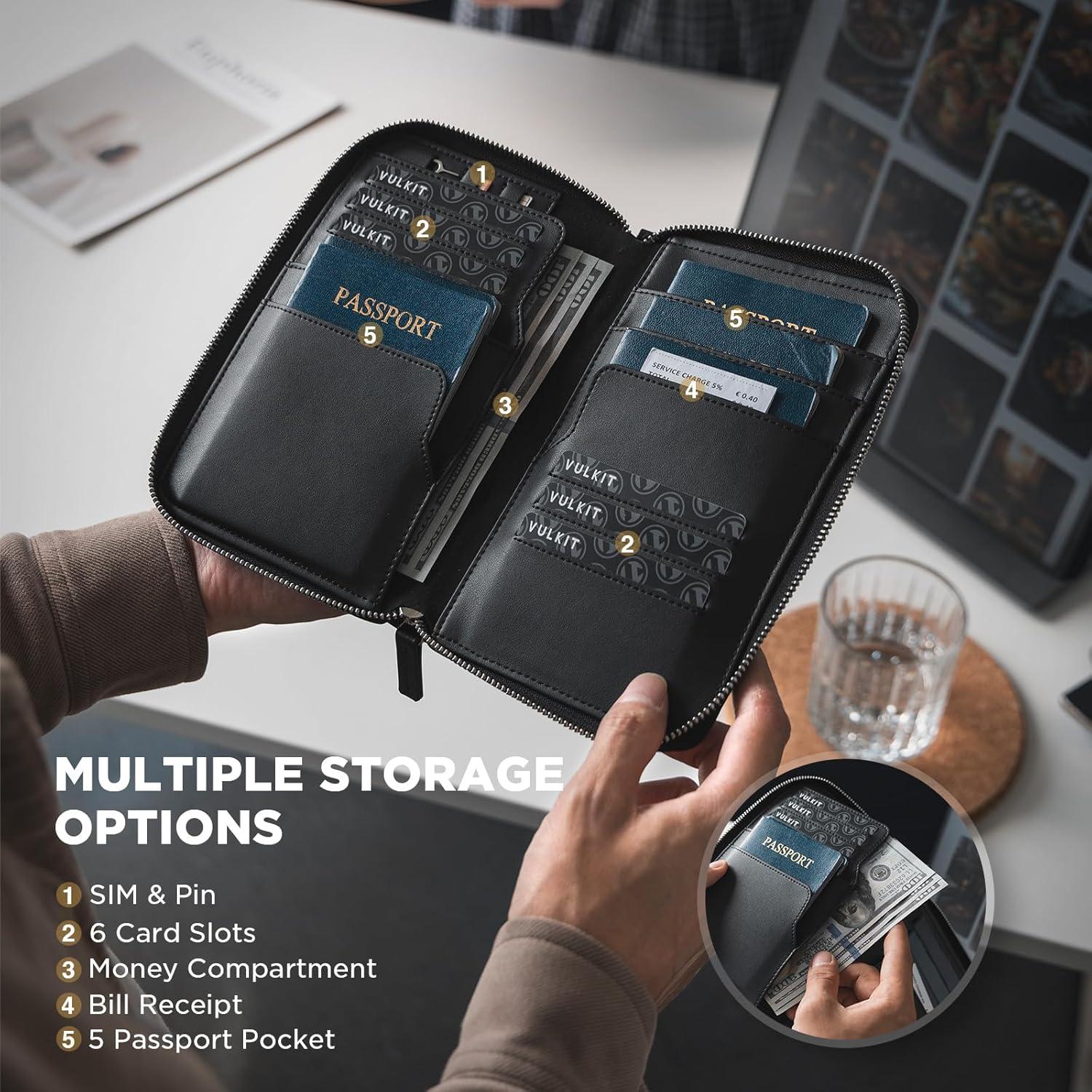 image:imageVULKIT Leather Passport Holder Family Travel Document Organizer with RFID Blocking Travel Wallet Slim Dual Slots SIM Card and Multiple Card Holders for Men and Women BlackBlack