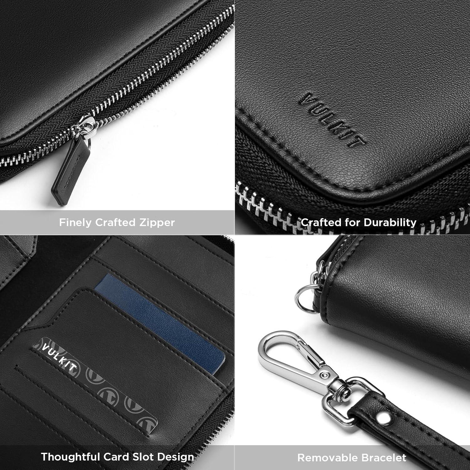 image:imageVULKIT Leather Passport Holder Family Travel Document Organizer with RFID Blocking Travel Wallet Slim Dual Slots SIM Card and Multiple Card Holders for Men and Women BlackBlack