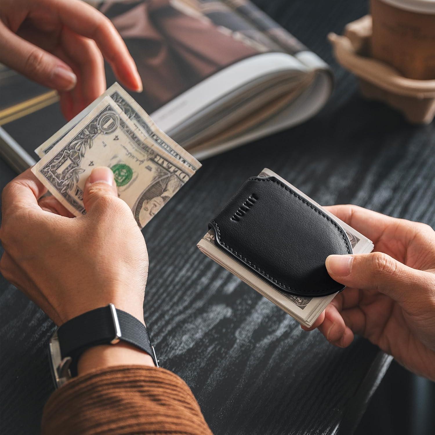 image:imageVULKIT Luxury Money Clip Genuine Leather Magnetic Closure Streamline Design Money Clip Wallet Holds Up to 20 BillsTop Grain Leather Black