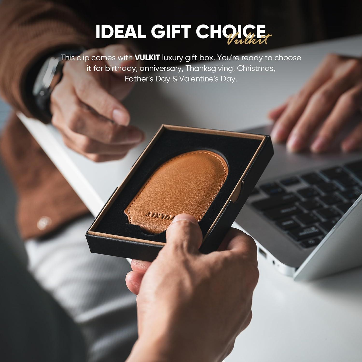 image:imageVULKIT Luxury Money Clip Genuine Leather Magnetic Closure Streamline Design Money Clip Wallet Holds Up to 20 BillsTop Grain Leather Brown