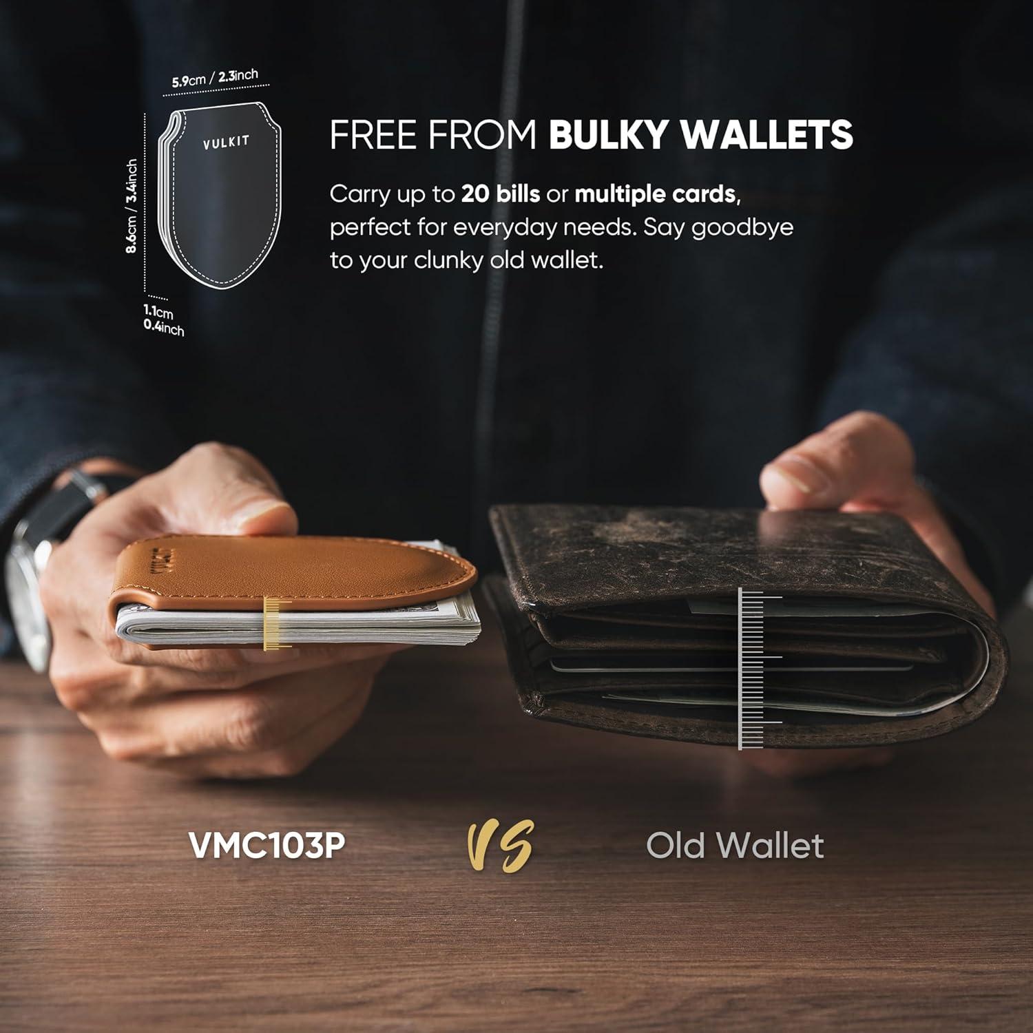 image:imageVULKIT Luxury Money Clip Genuine Leather Magnetic Closure Streamline Design Money Clip Wallet Holds Up to 20 BillsTop Grain Leather Brown