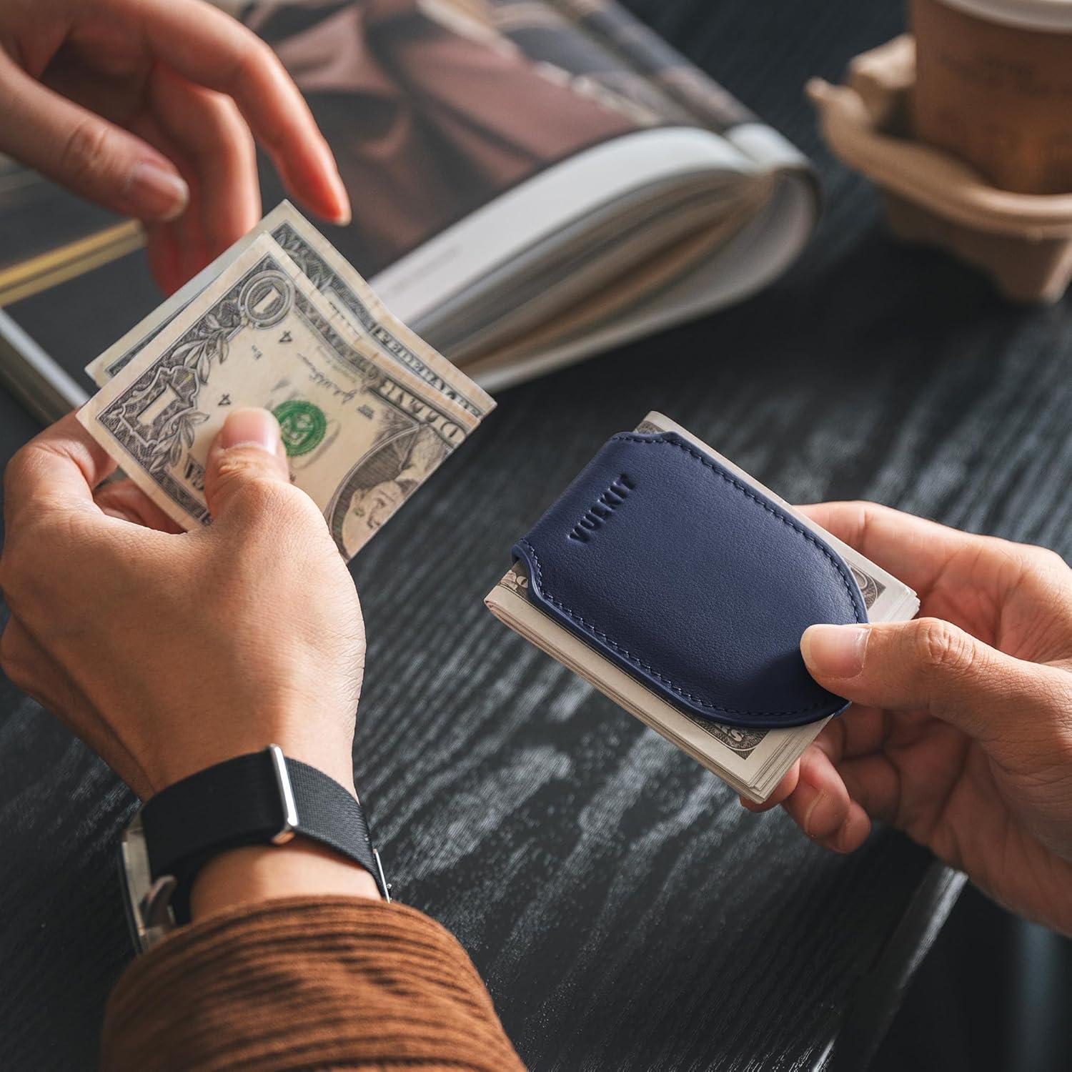 image:imageVULKIT Luxury Money Clip Genuine Leather Magnetic Closure Streamline Design Money Clip Wallet Holds Up to 20 BillsTop Grain Leather Navy