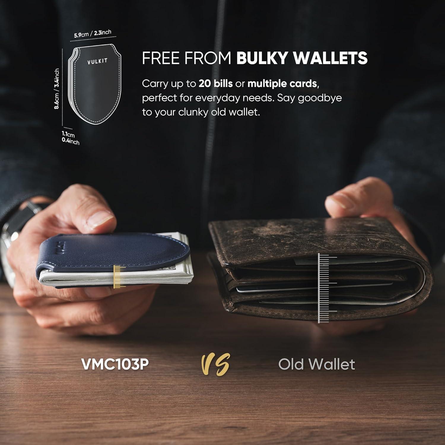 image:imageVULKIT Luxury Money Clip Genuine Leather Magnetic Closure Streamline Design Money Clip Wallet Holds Up to 20 BillsTop Grain Leather Navy