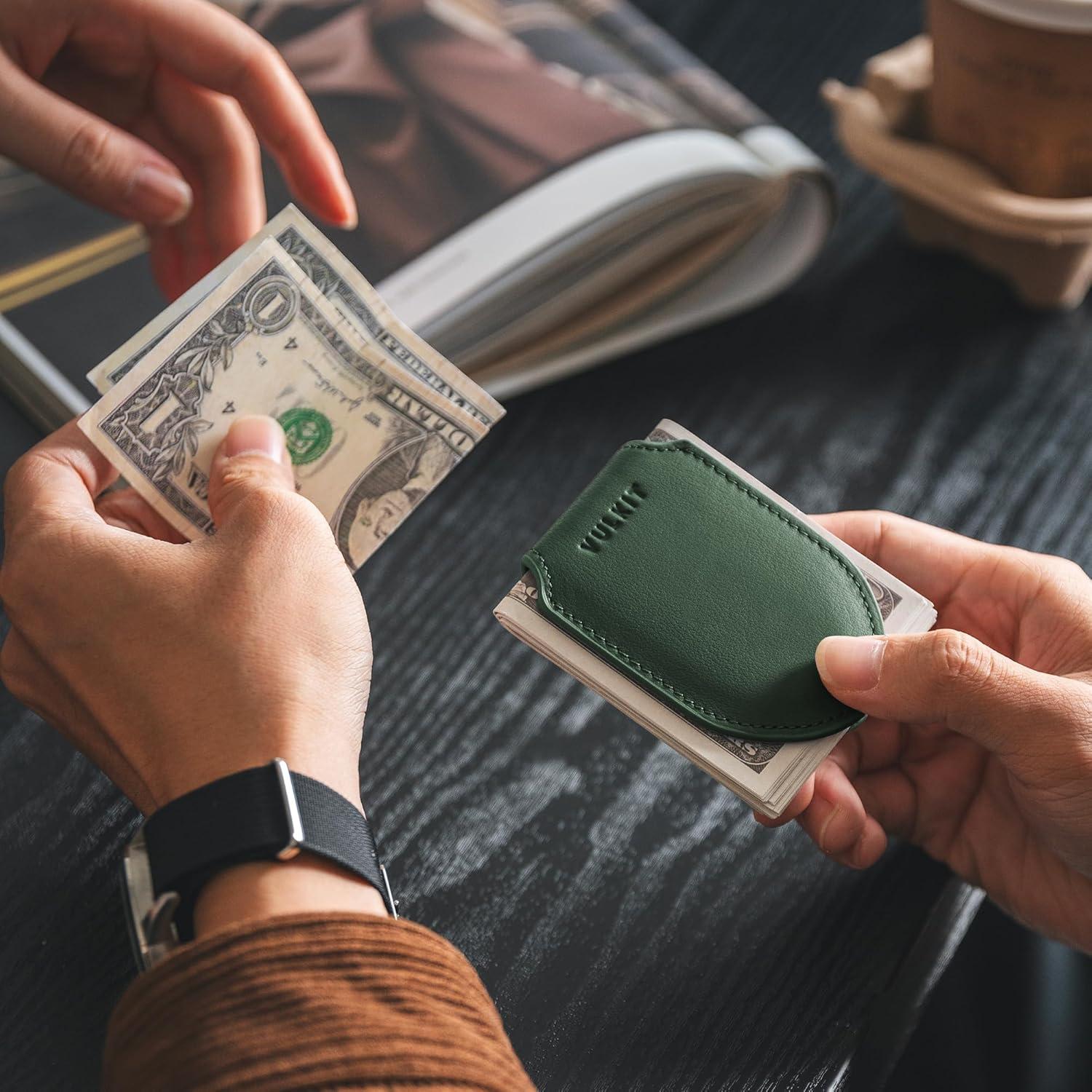 image:imageVULKIT Luxury Money Clip Genuine Leather Magnetic Closure Streamline Design Money Clip Wallet Holds Up to 20 BillsTop Grain Leather Olive