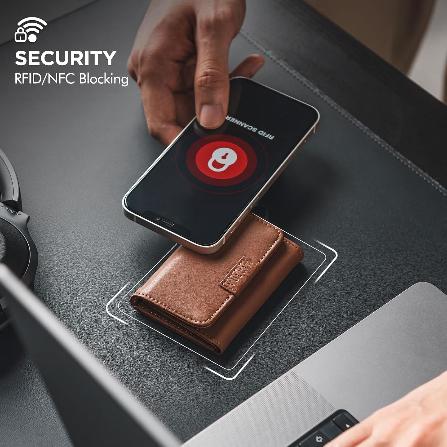 image:imageVULKIT Magnetic Card Case for Max 8 Bank Cards Leather Phone Card Wallet Compatible with iPhone 1217 Series BlackBrownLeather