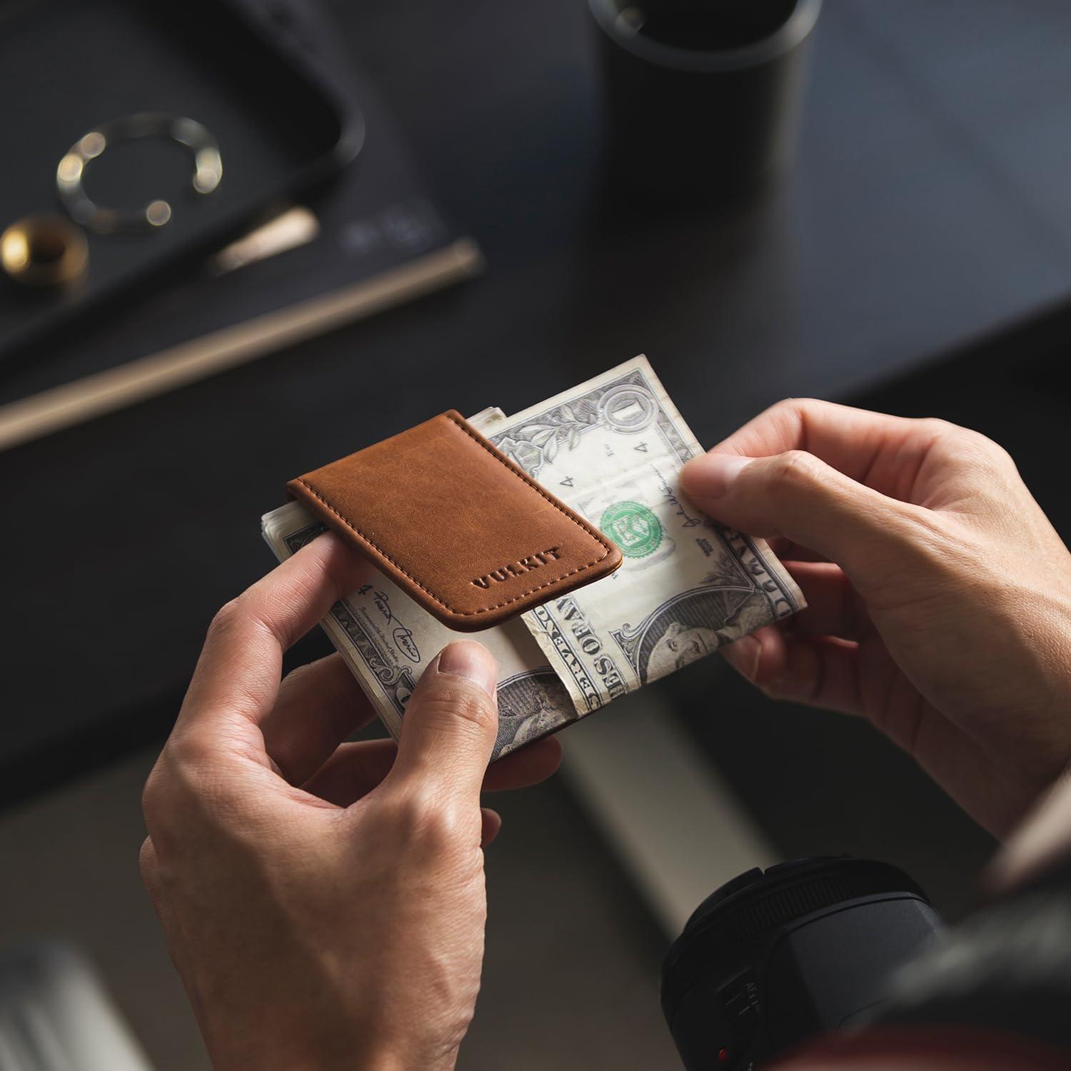 image:imageVULKIT Magnetic Money Clip Leather Money Holder Minimalist Design Holds Up to 15 CashBrown