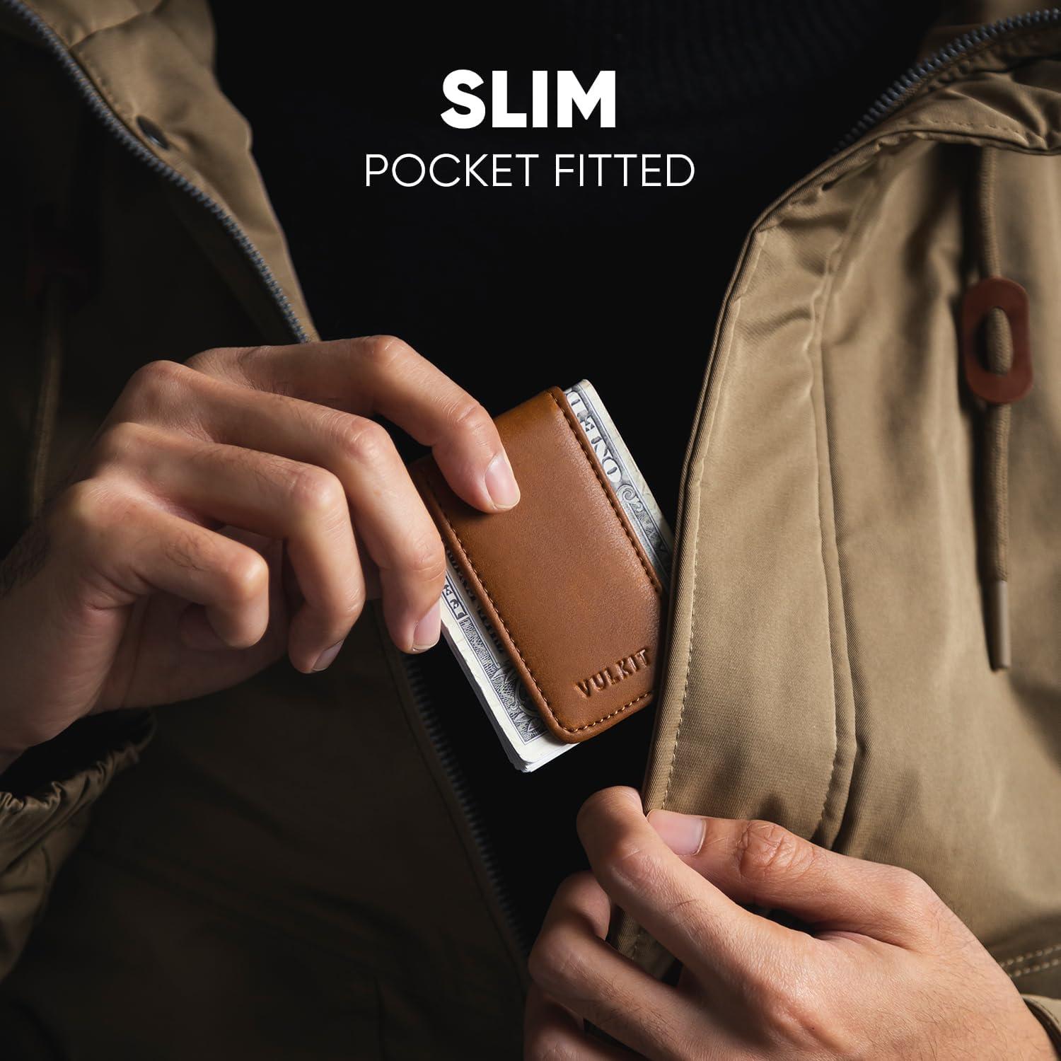 image:imageVULKIT Magnetic Money Clip Leather Money Holder Minimalist Design Holds Up to 15 CashBrown