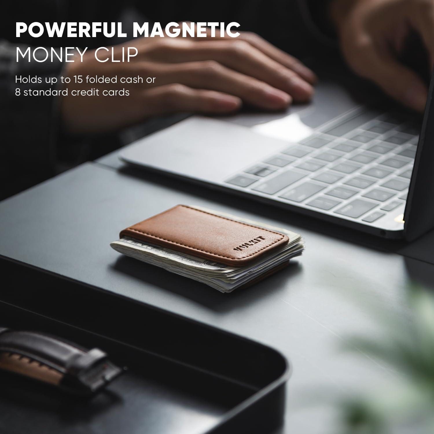 image:imageVULKIT Magnetic Money Clip Leather Money Holder Minimalist Design Holds Up to 15 CashBrown