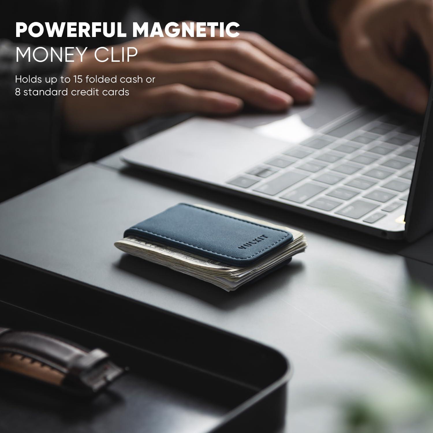 image:imageVULKIT Magnetic Money Clip Leather Money Holder Minimalist Design Holds Up to 15 CashNavy