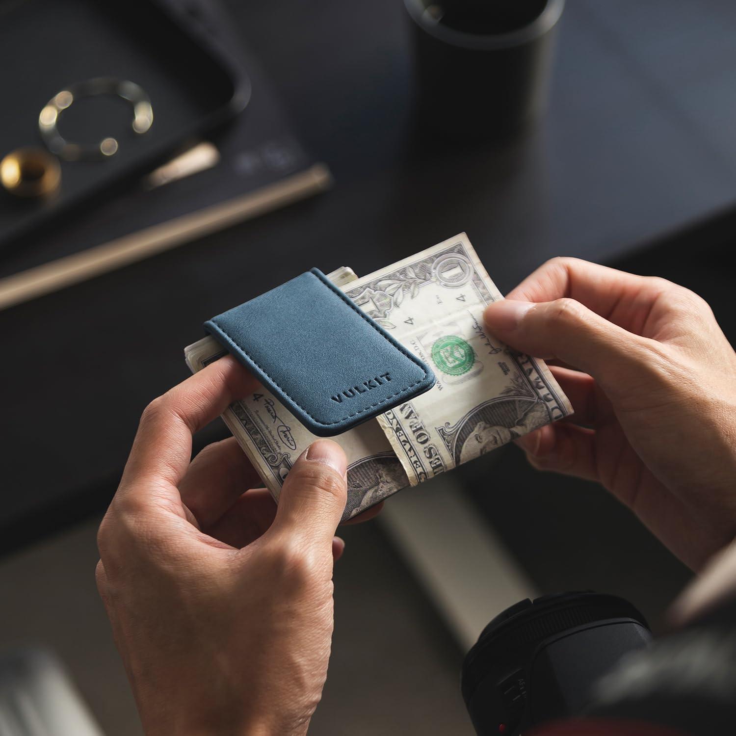 image:imageVULKIT Magnetic Money Clip Leather Money Holder Minimalist Design Holds Up to 15 CashNavy