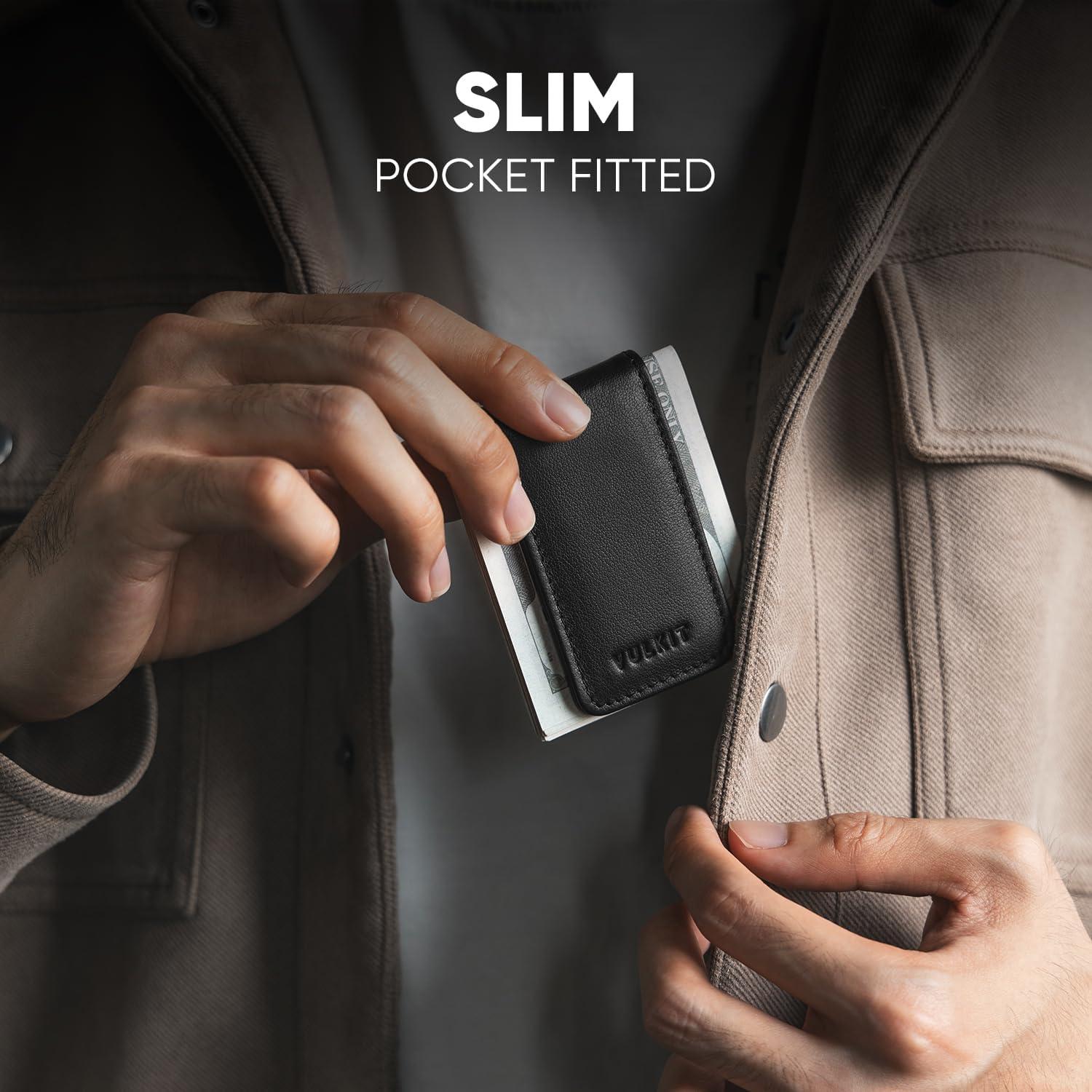 image:imageVULKIT Magnetic Money Clip Leather Money Holder Minimalist Design Holds Up to 15 CashTop Grain LeatherBlack