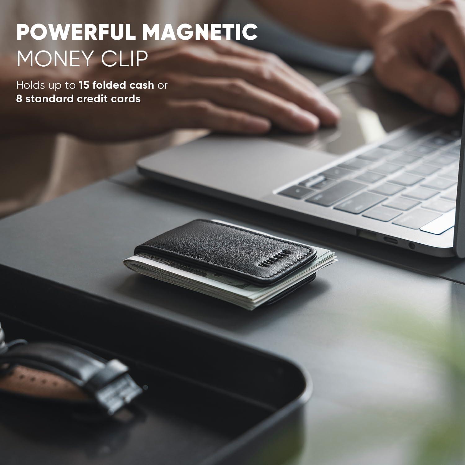 image:imageVULKIT Magnetic Money Clip Leather Money Holder Minimalist Design Holds Up to 15 CashTop Grain LeatherBlack