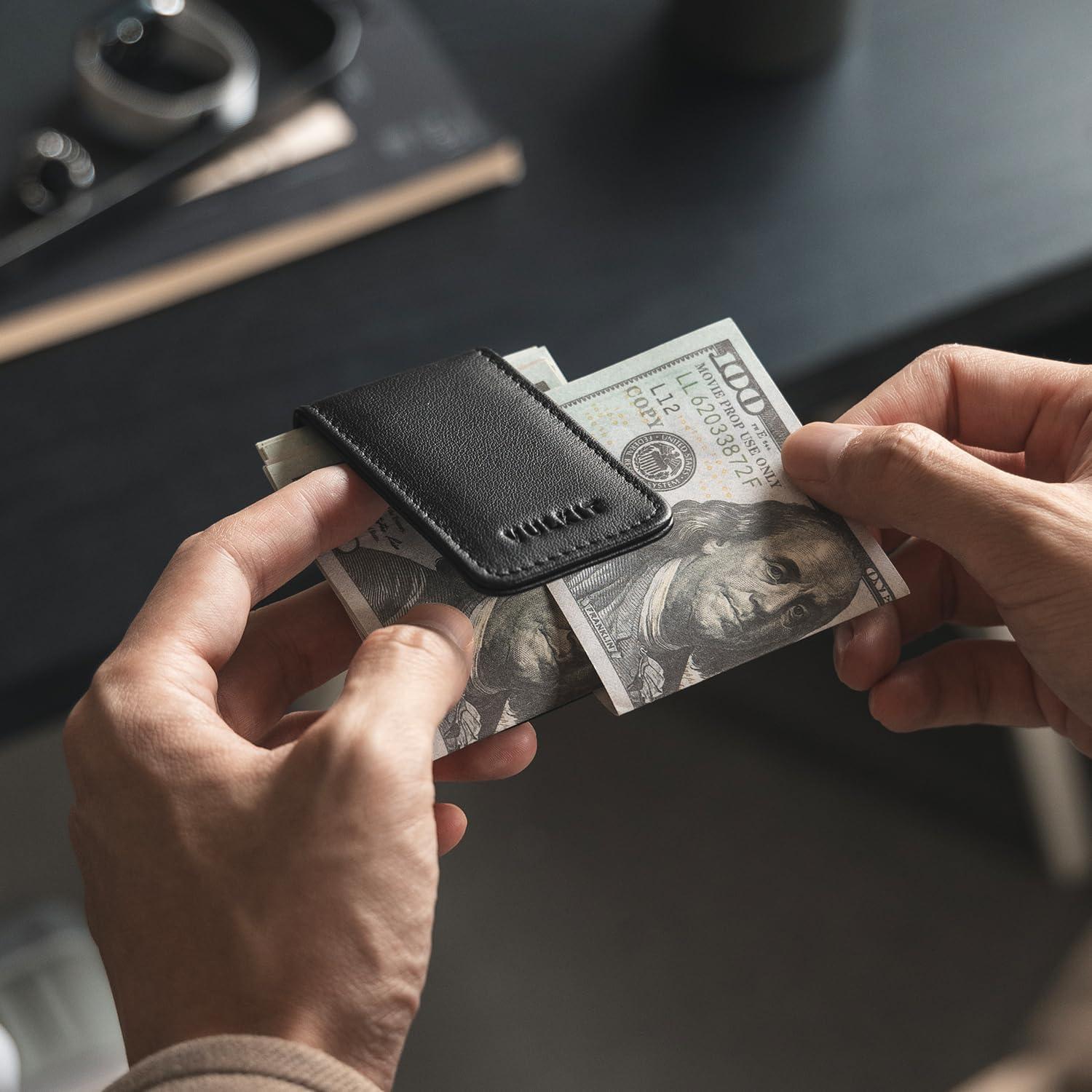 image:imageVULKIT Magnetic Money Clip Leather Money Holder Minimalist Design Holds Up to 15 CashTop Grain LeatherBlack