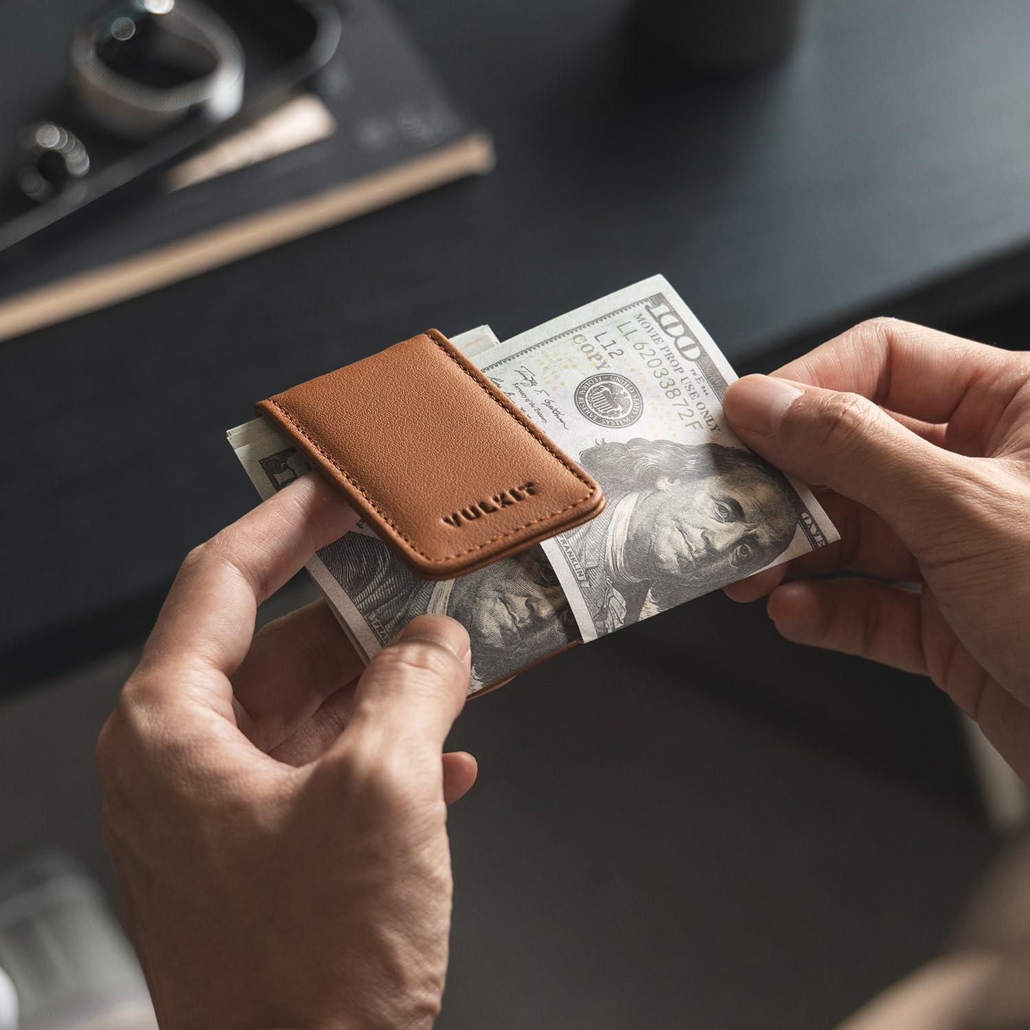 image:imageVULKIT Magnetic Money Clip Leather Money Holder Minimalist Design Holds Up to 15 CashTop Grain LeatherBrown