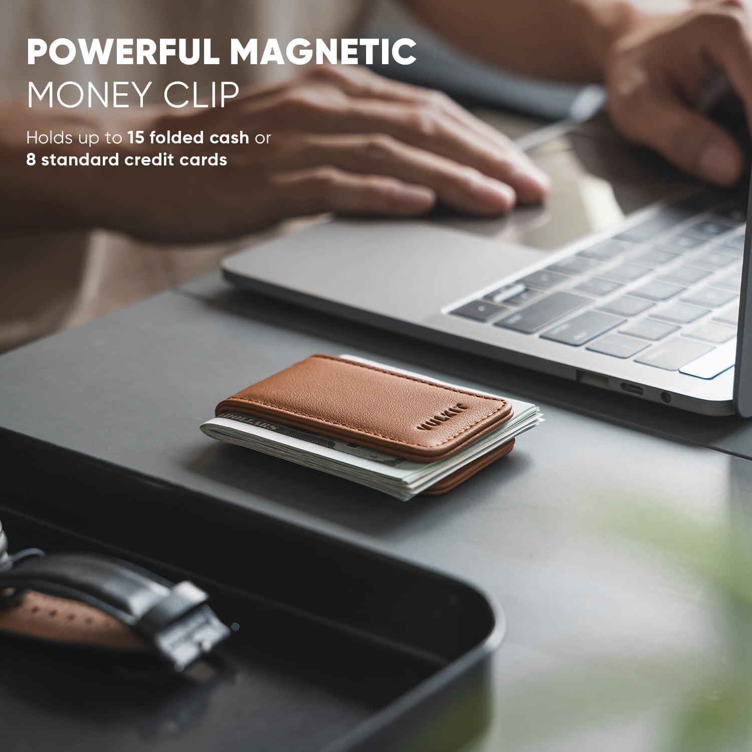 image:imageVULKIT Magnetic Money Clip Leather Money Holder Minimalist Design Holds Up to 15 CashTop Grain LeatherBrown