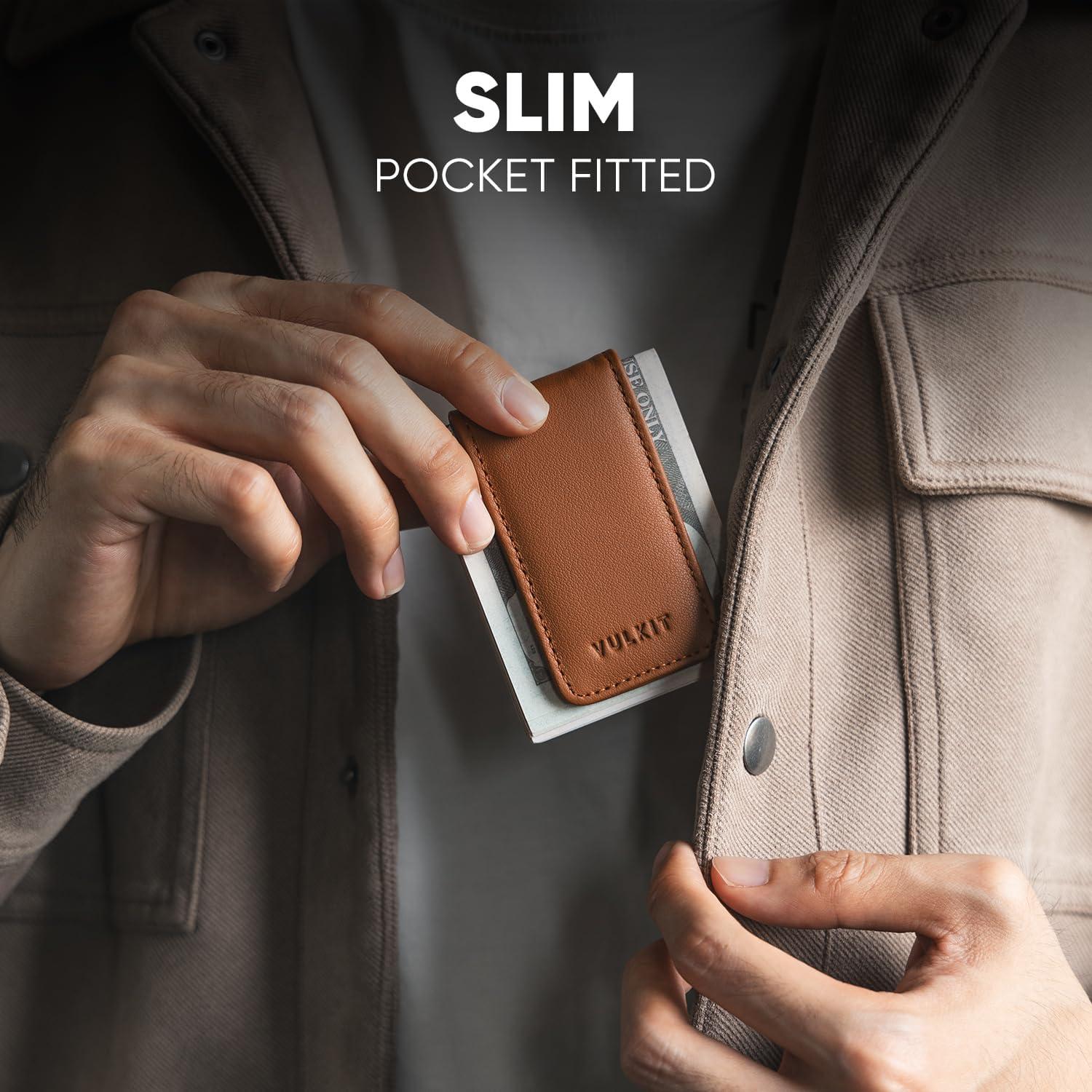 image:imageVULKIT Magnetic Money Clip Leather Money Holder Minimalist Design Holds Up to 15 CashTop Grain LeatherBrown