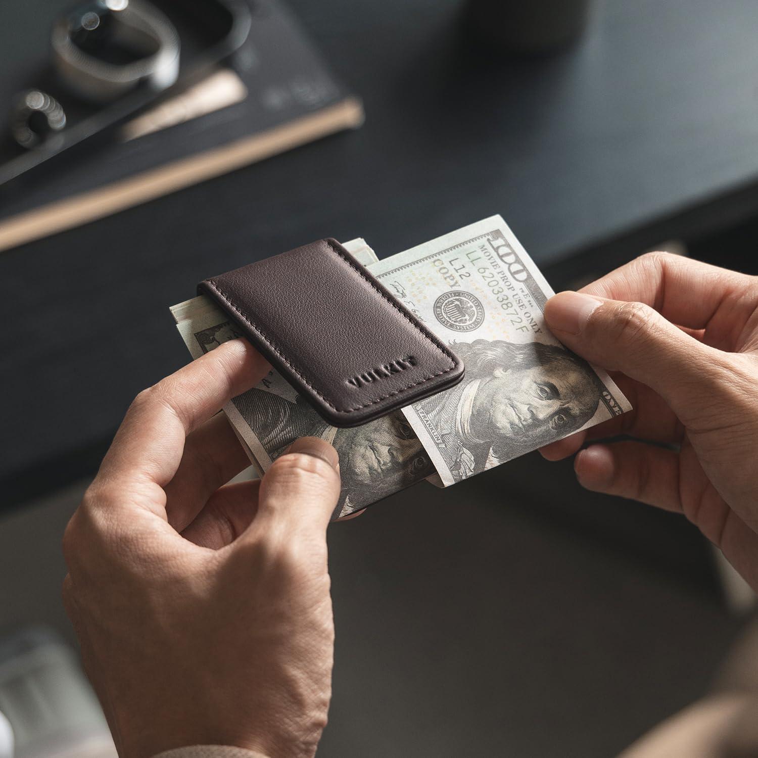 image:imageVULKIT Magnetic Money Clip Leather Money Holder Minimalist Design Holds Up to 15 CashTop Grain LeatherEspresso