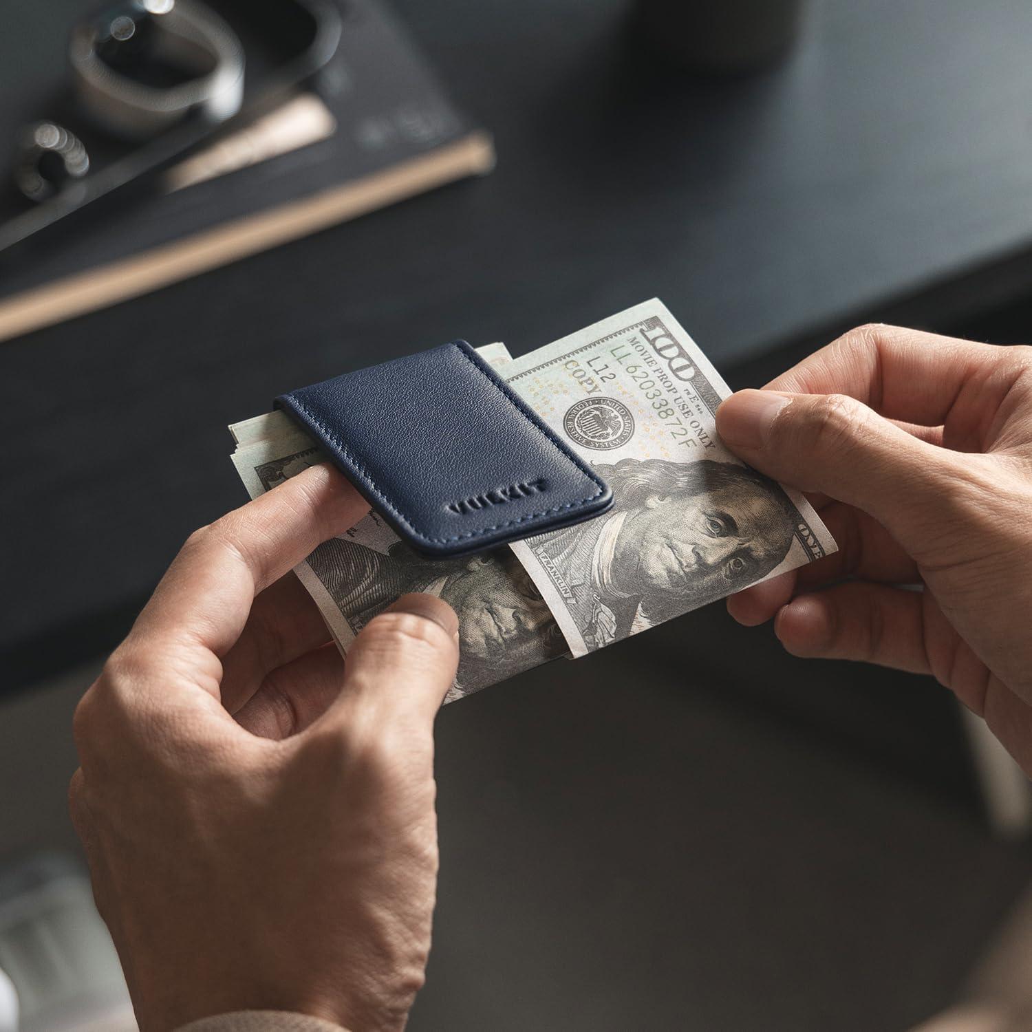 image:imageVULKIT Magnetic Money Clip Leather Money Holder Minimalist Design Holds Up to 15 CashTop Grain LeatherNavy