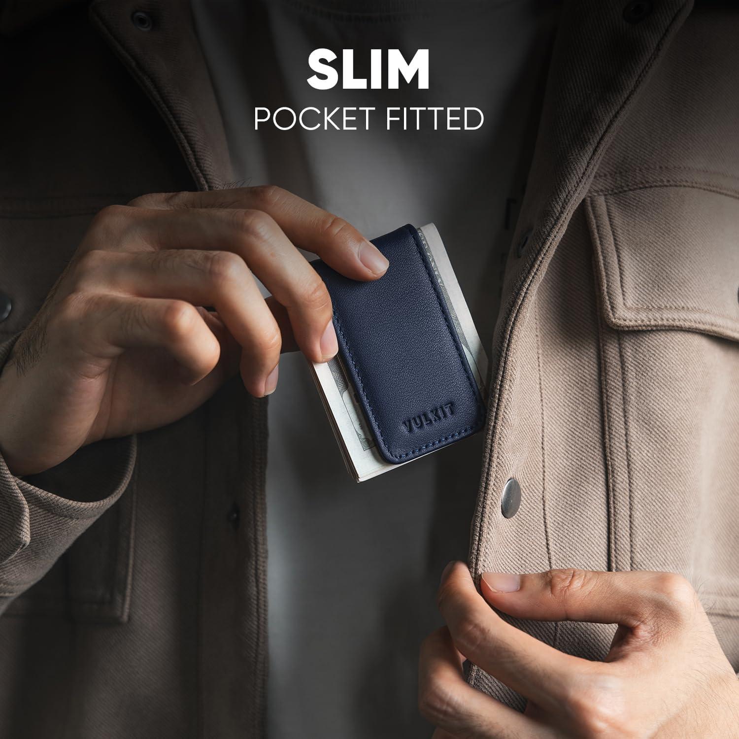 image:imageVULKIT Magnetic Money Clip Leather Money Holder Minimalist Design Holds Up to 15 CashTop Grain LeatherNavy