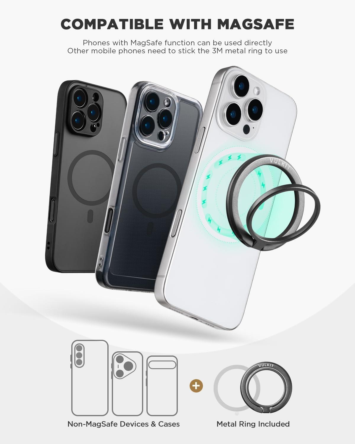 image:imageVULKIT Magnetic Phone Ring Holder Adjustable Cell Phone Stand Compatible with iPhone 17 Pro Max 16 15 14 13 12 Galaxy Huawei All Phones BlackDark Grey