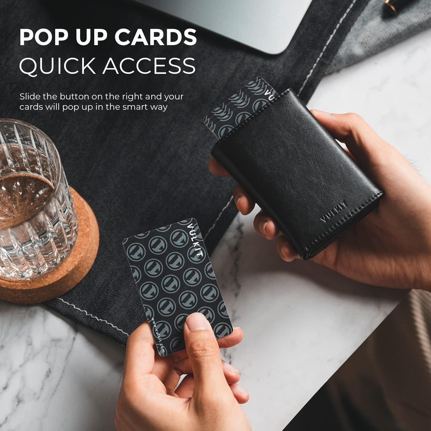image:imageVULKIT Mens Card Holder Wallet Pop Up Wallet Magnetic Closure RFID Blocking Trifold Leather WalletBlack