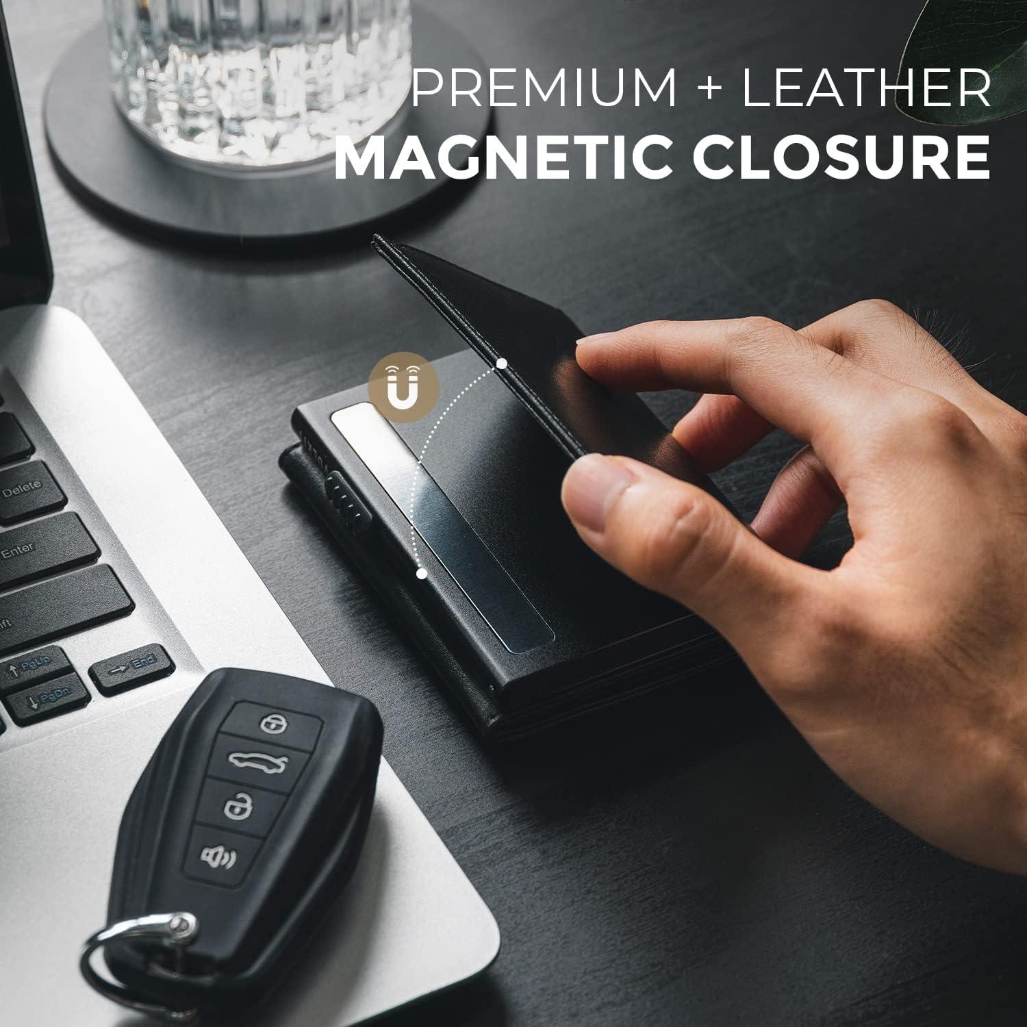 image:imageVULKIT Mens Card Holder Wallet Pop Up Wallet Magnetic Closure RFID Blocking Trifold Leather WalletBlack