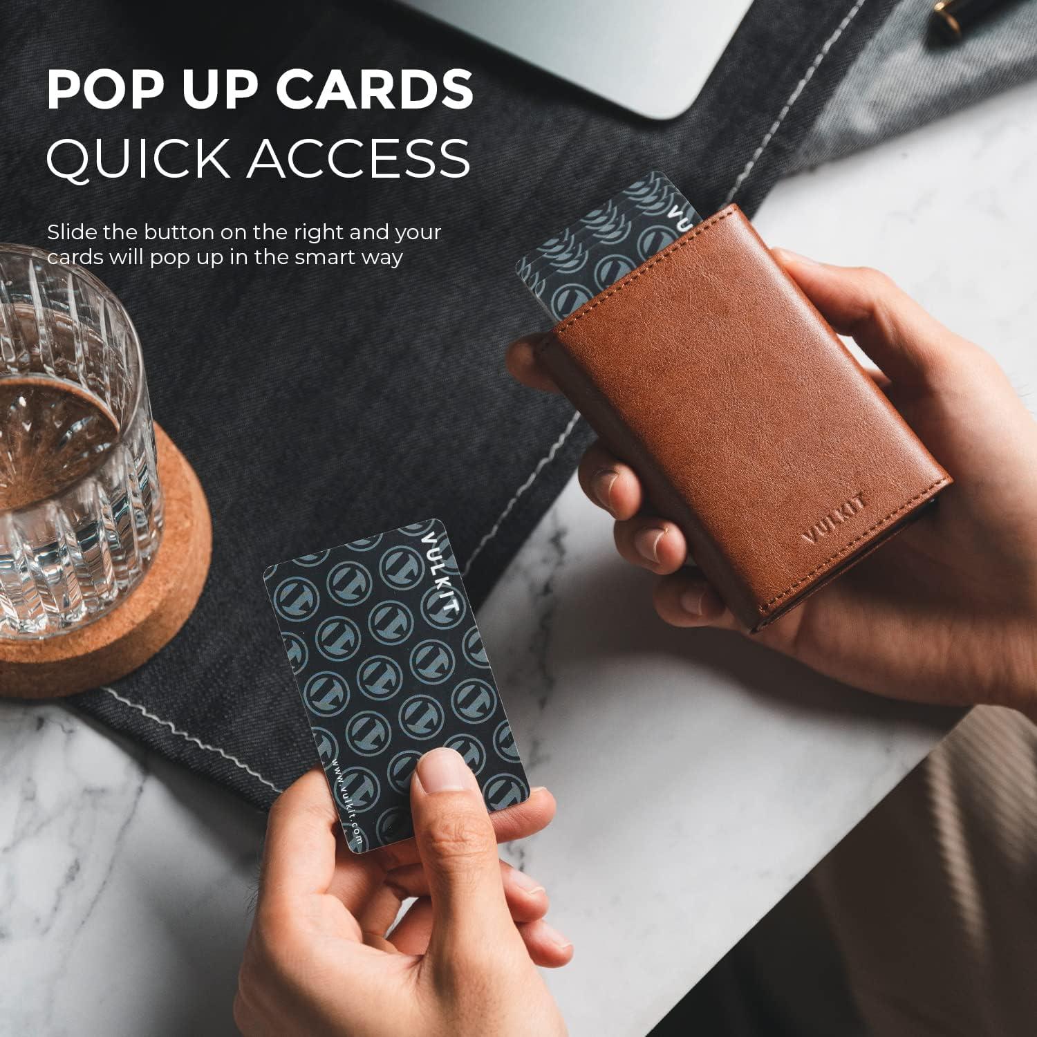 image:imageVULKIT Mens Card Holder Wallet Pop Up Wallet Magnetic Closure RFID Blocking Trifold Leather WalletBrown