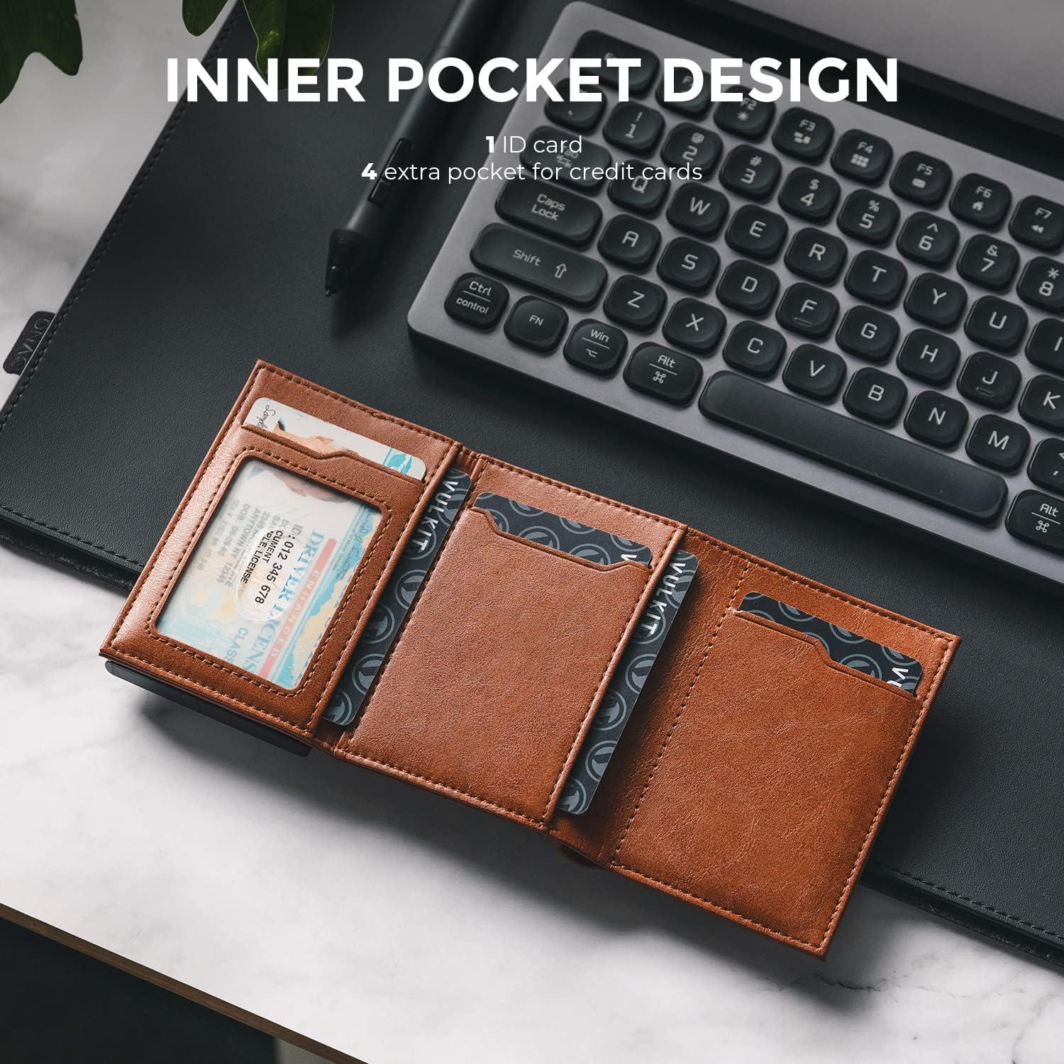 image:imageVULKIT Mens Card Holder Wallet Pop Up Wallet Magnetic Closure RFID Blocking Trifold Leather WalletBrown