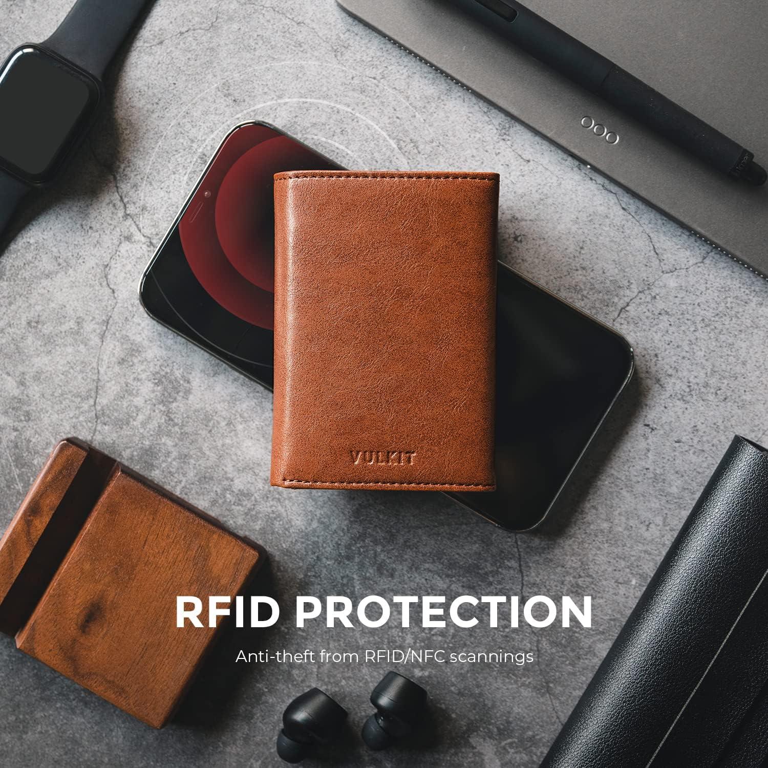 image:imageVULKIT Mens Card Holder Wallet Pop Up Wallet Magnetic Closure RFID Blocking Trifold Leather WalletBrown