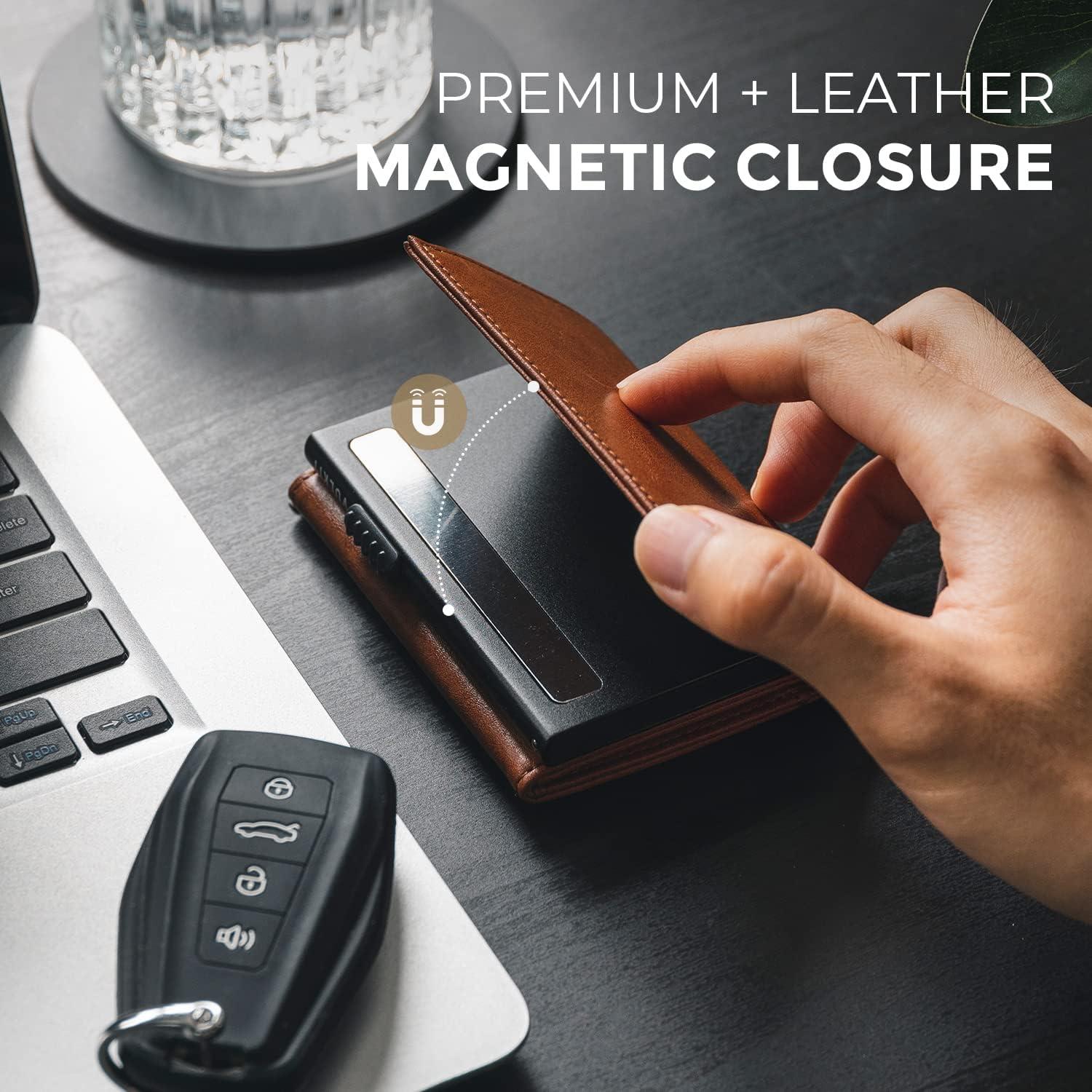 image:imageVULKIT Mens Card Holder Wallet Pop Up Wallet Magnetic Closure RFID Blocking Trifold Leather WalletBrown