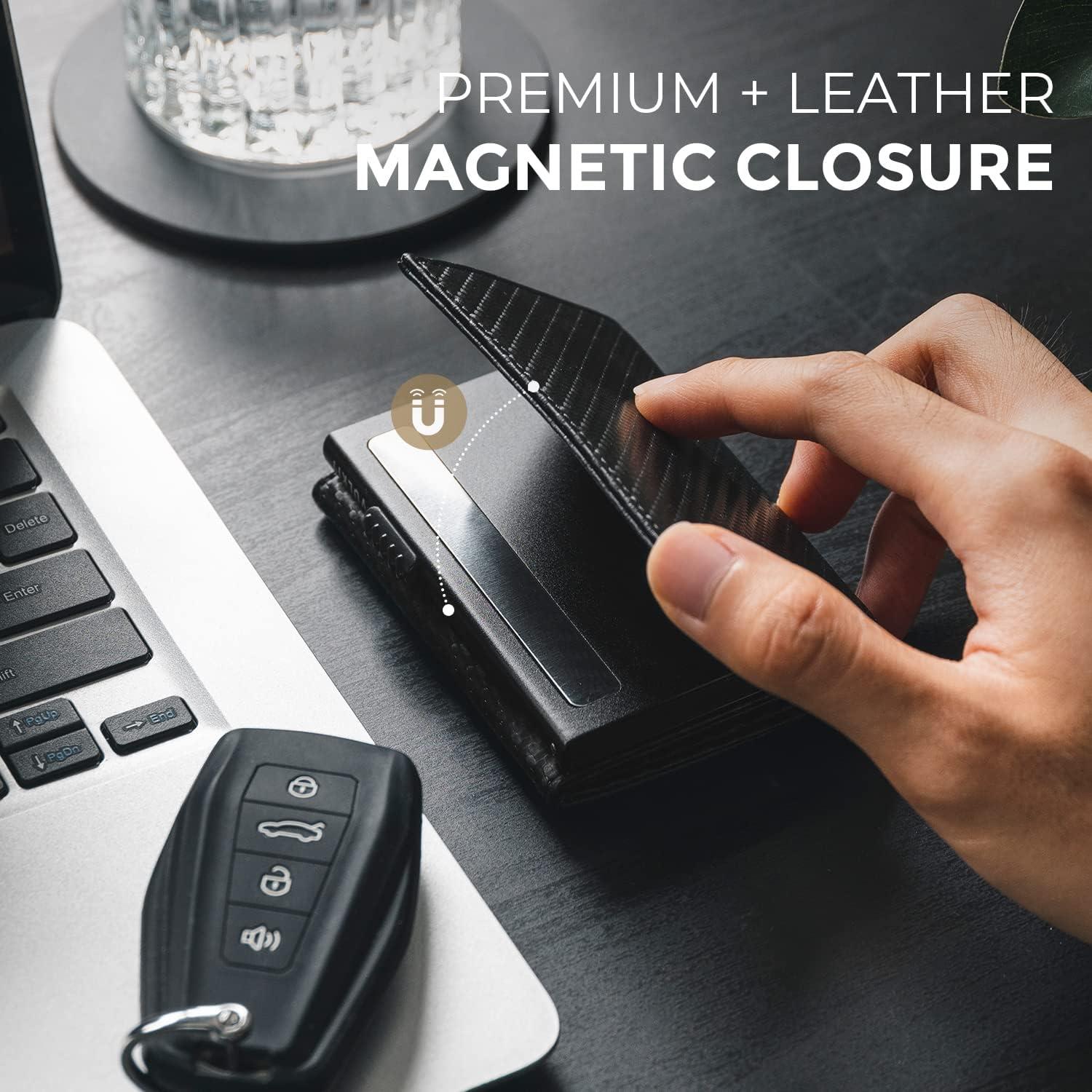 image:imageVULKIT Mens Card Holder Wallet Pop Up Wallet Magnetic Closure RFID Blocking Trifold Leather WalletCarbon Fiber