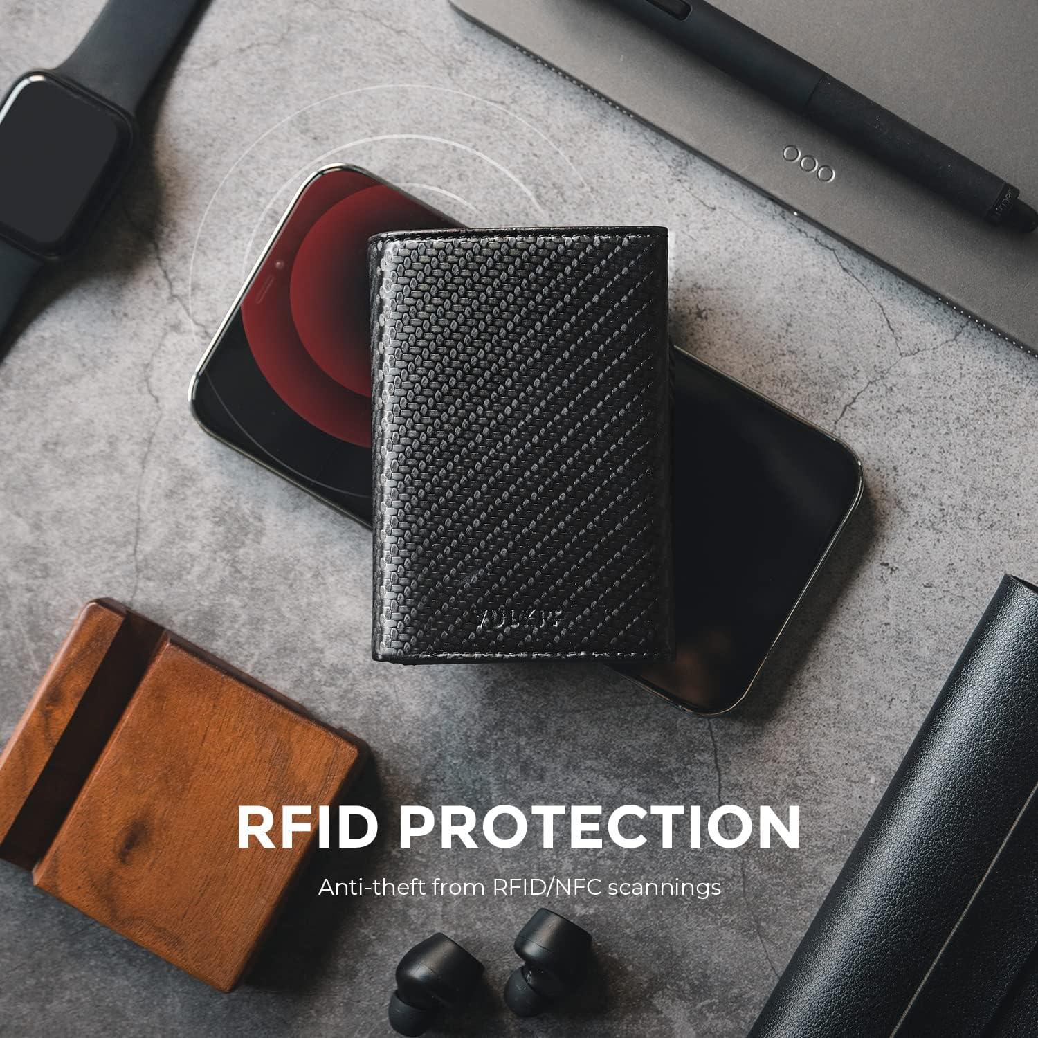 image:imageVULKIT Mens Card Holder Wallet Pop Up Wallet Magnetic Closure RFID Blocking Trifold Leather WalletCarbon Fiber