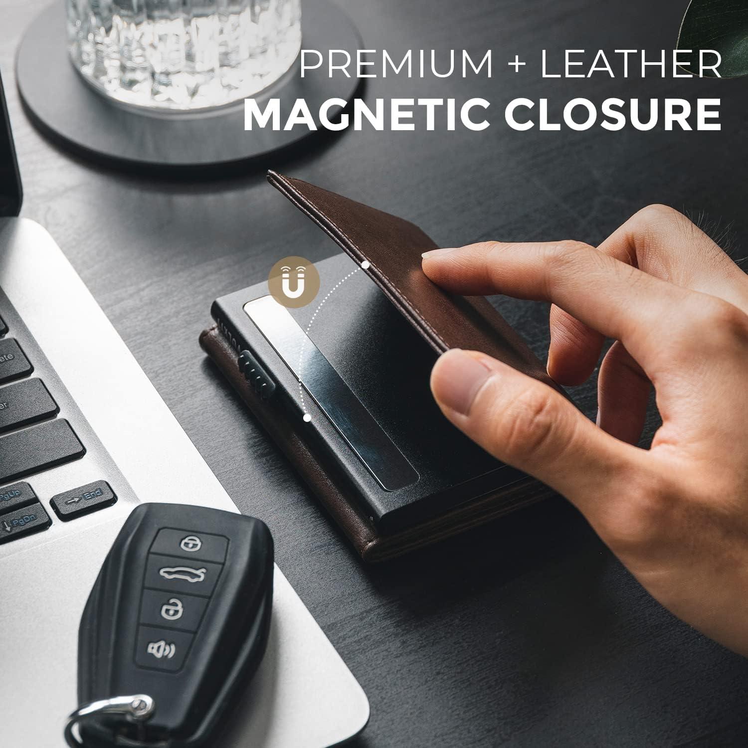 image:imageVULKIT Mens Card Holder Wallet Pop Up Wallet Magnetic Closure RFID Blocking Trifold Leather WalletEspresso