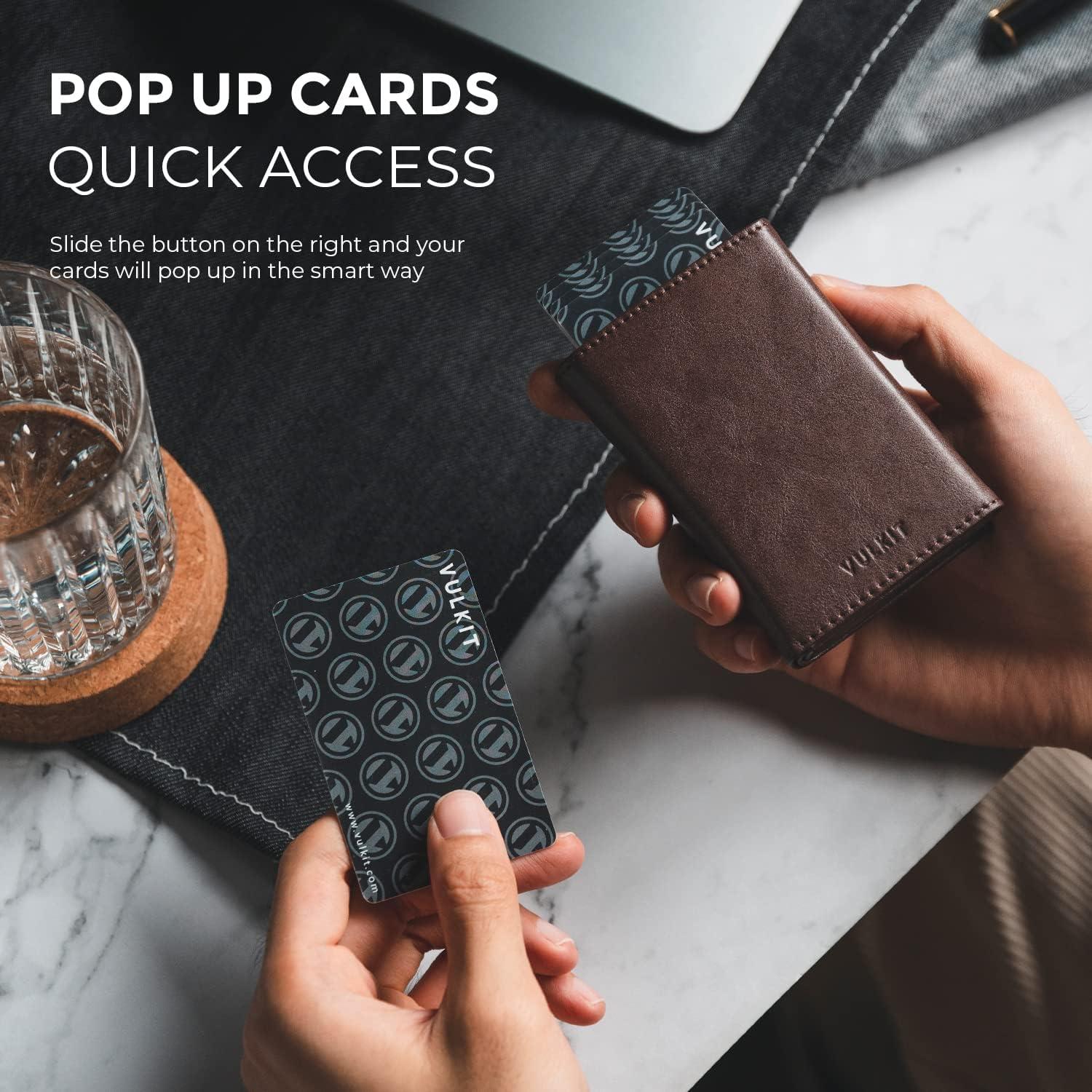 image:imageVULKIT Mens Card Holder Wallet Pop Up Wallet Magnetic Closure RFID Blocking Trifold Leather WalletEspresso
