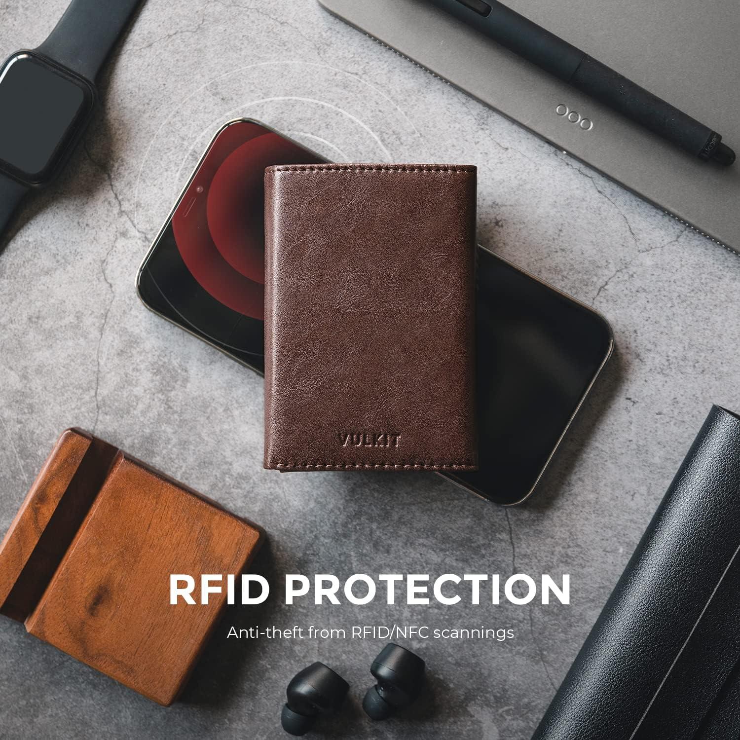 image:imageVULKIT Mens Card Holder Wallet Pop Up Wallet Magnetic Closure RFID Blocking Trifold Leather WalletEspresso