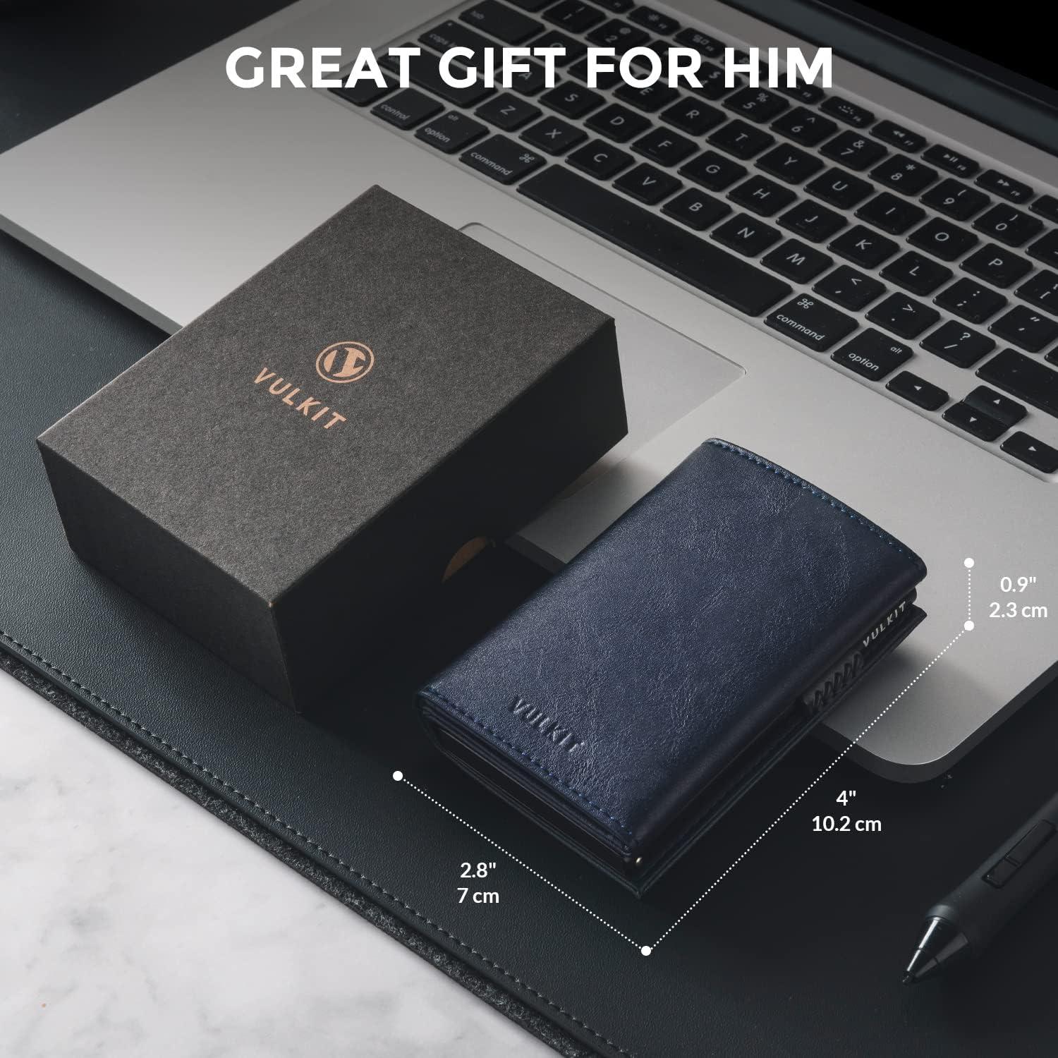 image:imageVULKIT Mens Card Holder Wallet Pop Up Wallet Magnetic Closure RFID Blocking Trifold Leather WalletNavy