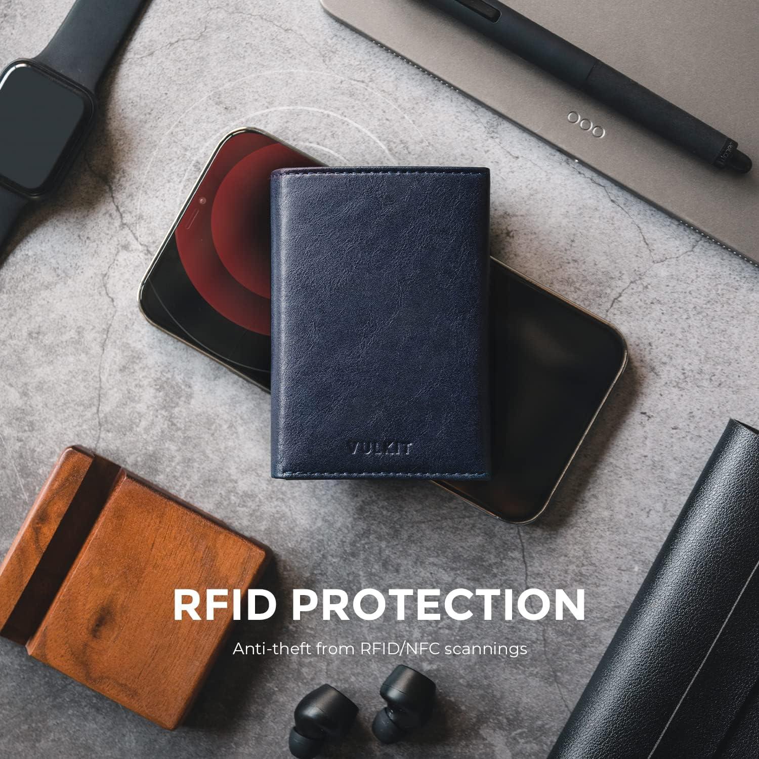 image:imageVULKIT Mens Card Holder Wallet Pop Up Wallet Magnetic Closure RFID Blocking Trifold Leather WalletNavy