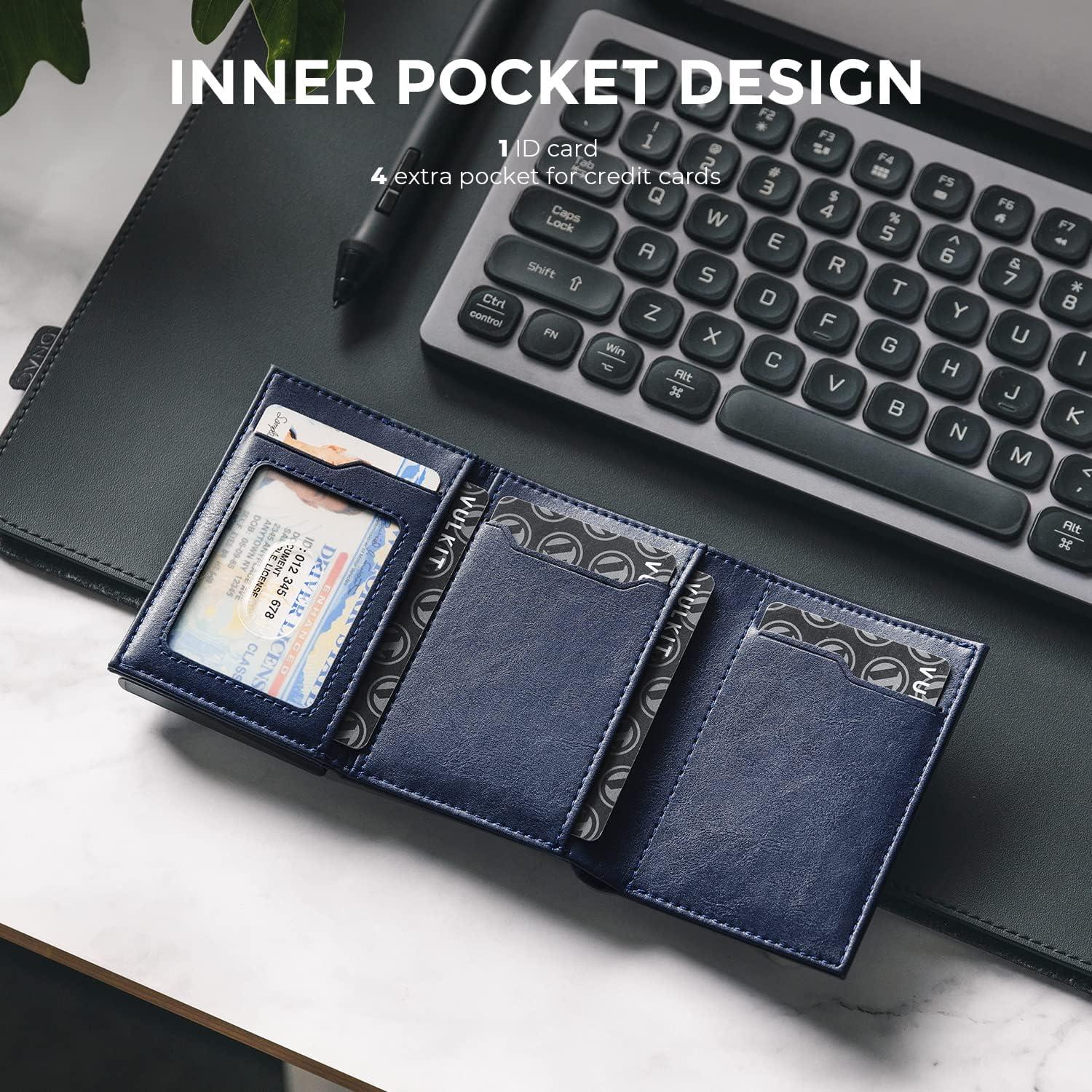 image:imageVULKIT Mens Card Holder Wallet Pop Up Wallet Magnetic Closure RFID Blocking Trifold Leather WalletNavy