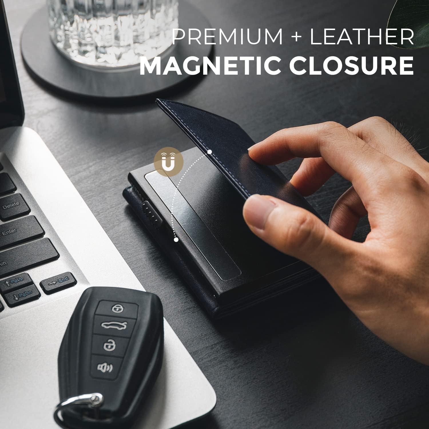 image:imageVULKIT Mens Card Holder Wallet Pop Up Wallet Magnetic Closure RFID Blocking Trifold Leather WalletNavy