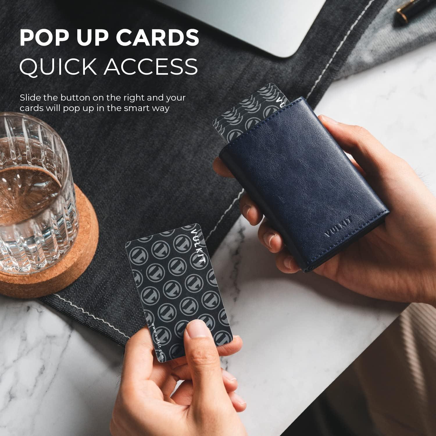 image:imageVULKIT Mens Card Holder Wallet Pop Up Wallet Magnetic Closure RFID Blocking Trifold Leather WalletNavy