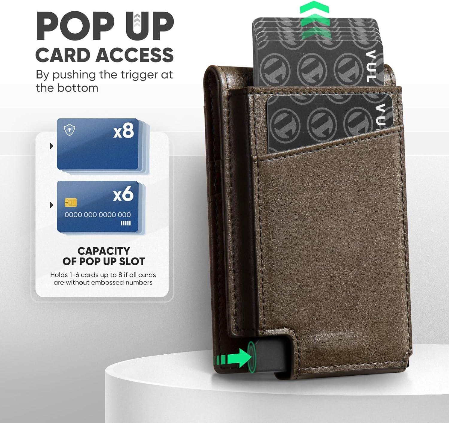 image:imageVULKIT Mens Card Holder for Max 12 Cards with PopUp Credit Card Case and Double Window Slots for ID and Key Card Carbon Fiber BlackGreen