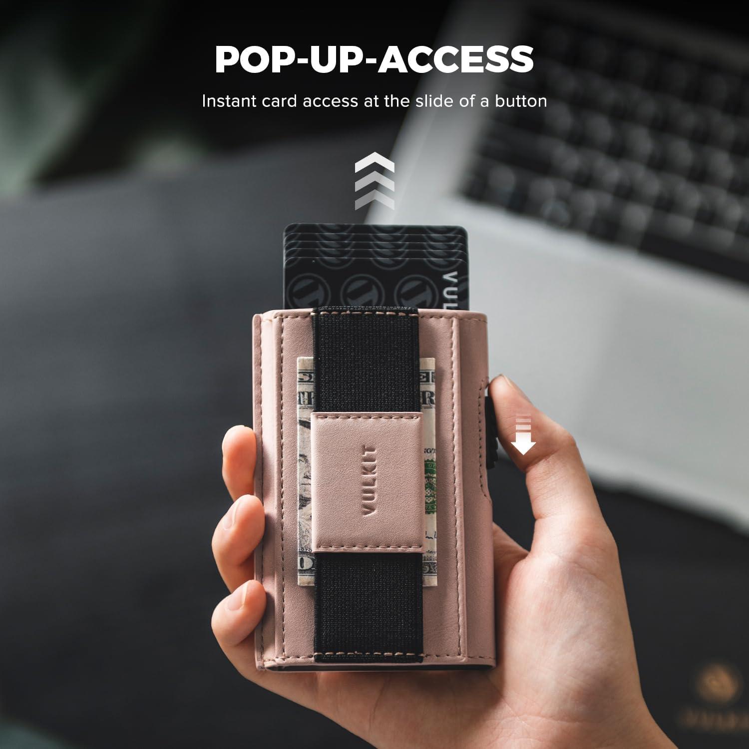 image:imageVULKIT Mens Minimalist Wallet for Max 8 Cards with PopUp Credit Card Ejector RFID Blocking ID Window and Elastic Strap for Bills or Keyring Gift Box Packed BluePink