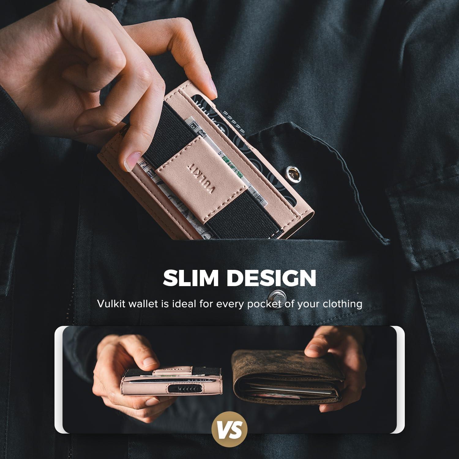 image:imageVULKIT Mens Minimalist Wallet for Max 8 Cards with PopUp Credit Card Ejector RFID Blocking ID Window and Elastic Strap for Bills or Keyring Gift Box Packed BluePink