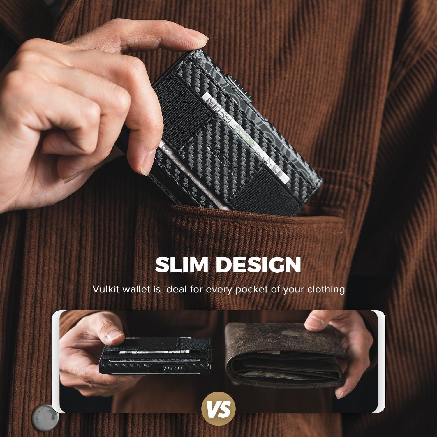 image:imageVULKIT Mens Minimalist Wallet for Max 8 Cards with PopUp Credit Card Ejector RFID Blocking ID Window and Elastic Strap for Bills or Keyring Gift Box Packed BlueCarbon Black