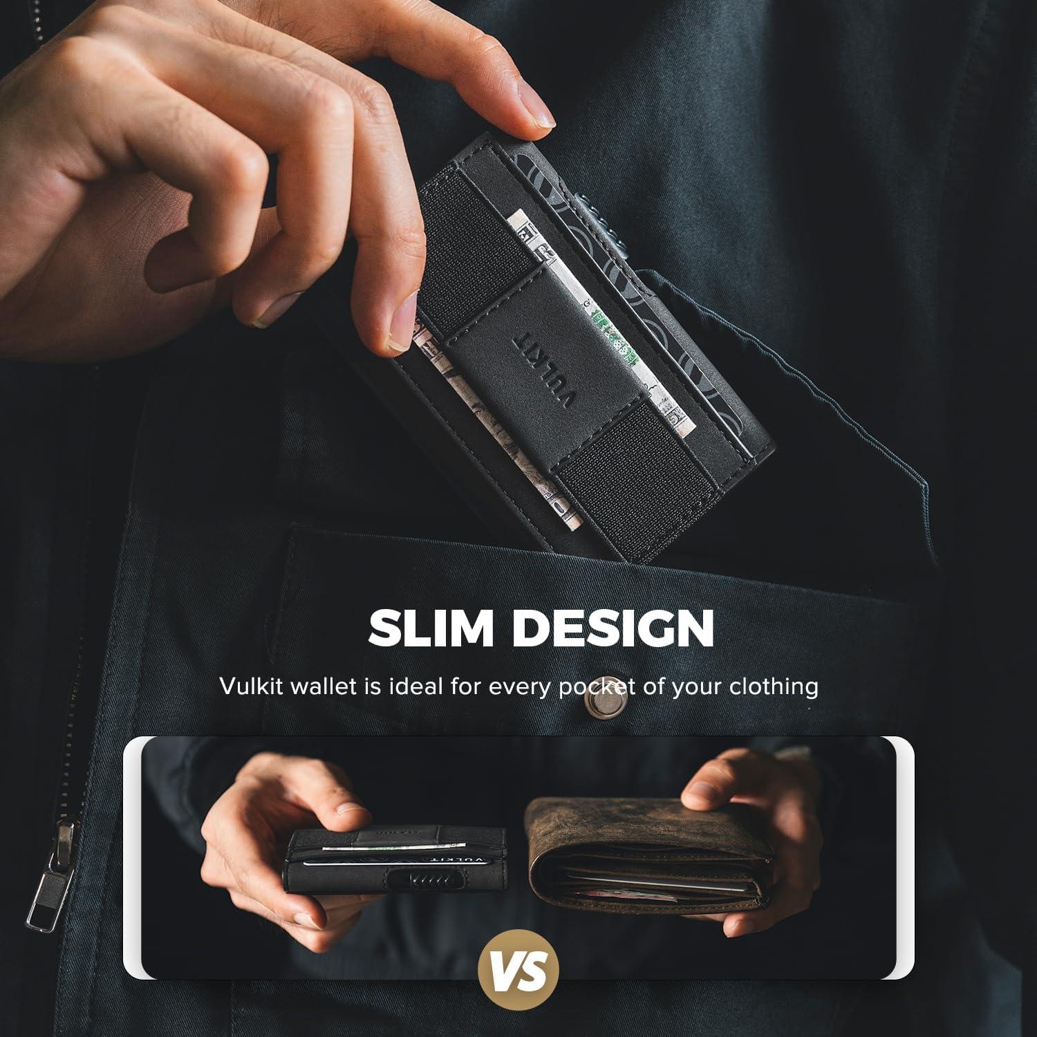 image:imageVULKIT Mens Minimalist Wallet for Max 8 Cards with PopUp Credit Card Ejector RFID Blocking ID Window and Elastic Strap for Bills or Keyring Gift Box Packed BlueBlack