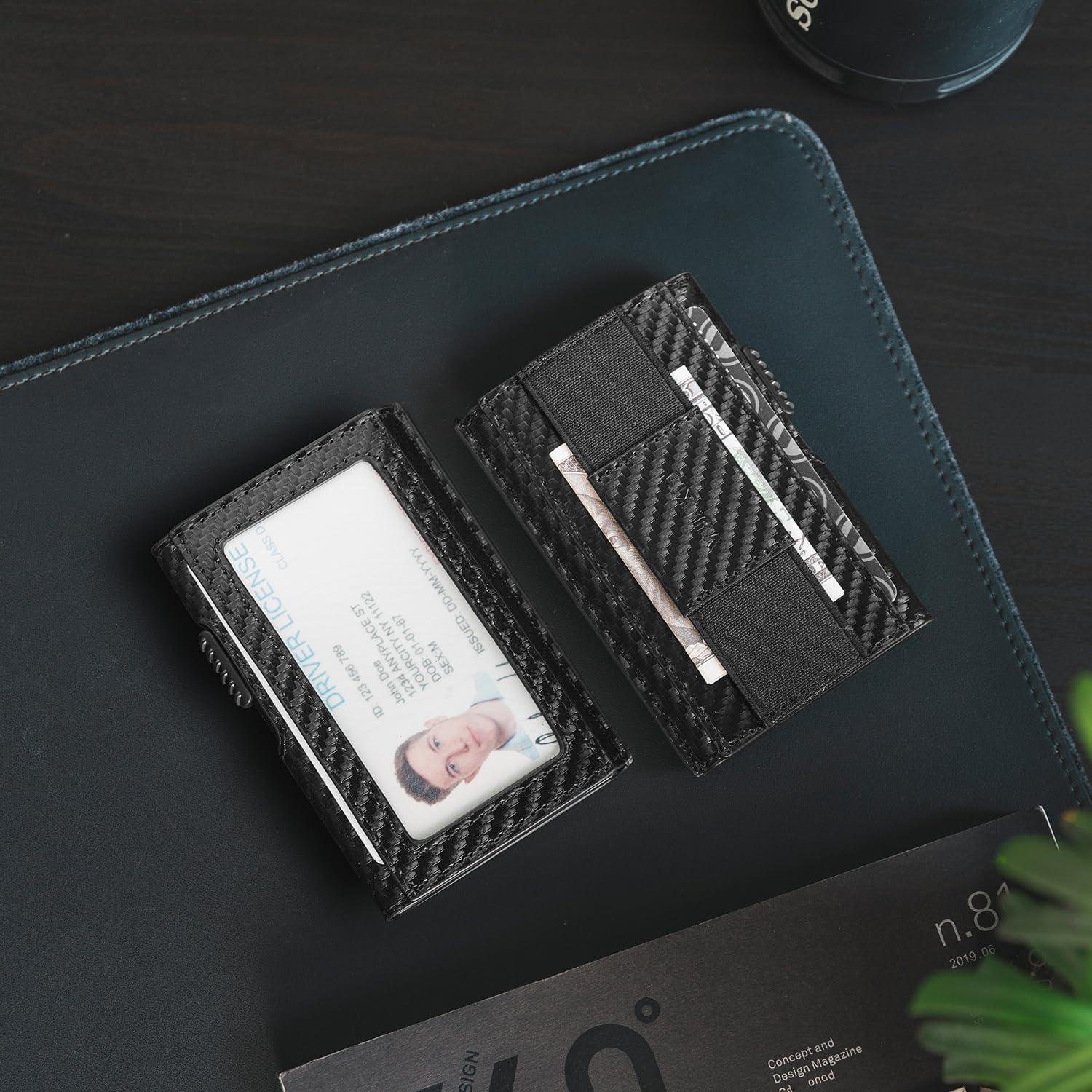 image:imageVULKIT Mens Minimalist Wallet for Max 8 Cards with PopUp Credit Card Ejector RFID Blocking ID Window and Elastic Strap for Bills or Keyring Gift Box Packed BlueCarbon Black