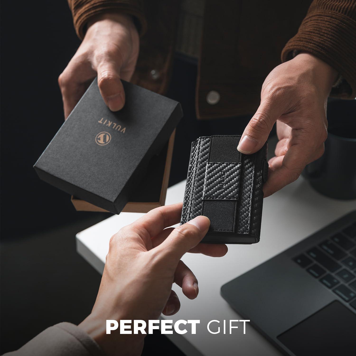 image:imageVULKIT Mens Minimalist Wallet for Max 8 Cards with PopUp Credit Card Ejector RFID Blocking ID Window and Elastic Strap for Bills or Keyring Gift Box Packed BlueCarbon Black