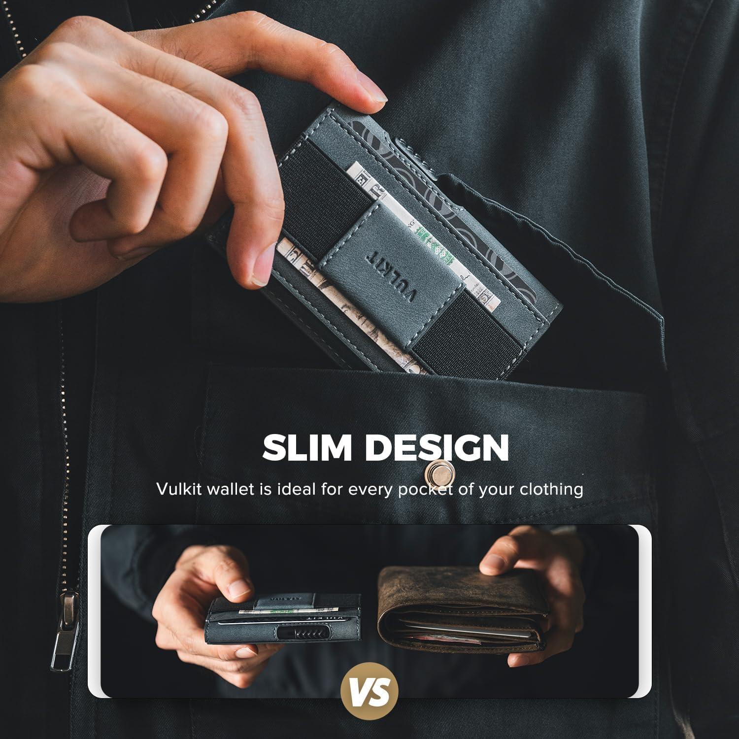 image:imageVULKIT Mens Minimalist Wallet for Max 8 Cards with PopUp Credit Card Ejector RFID Blocking ID Window and Elastic Strap for Bills or Keyring Gift Box Packed BlueBlue